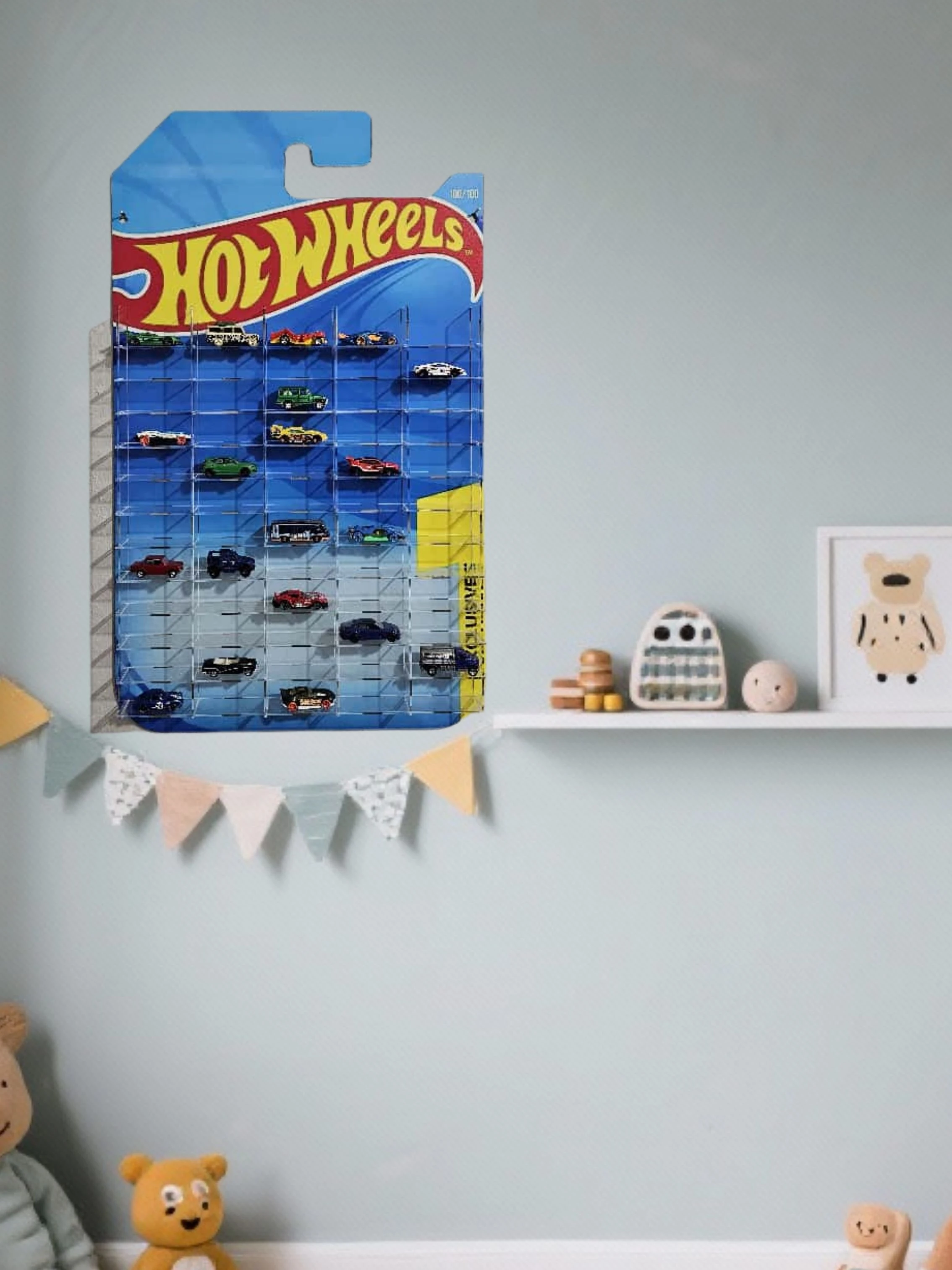 Hotwheels Temalı Ahşap Araç Standı (60 Araçlık)
