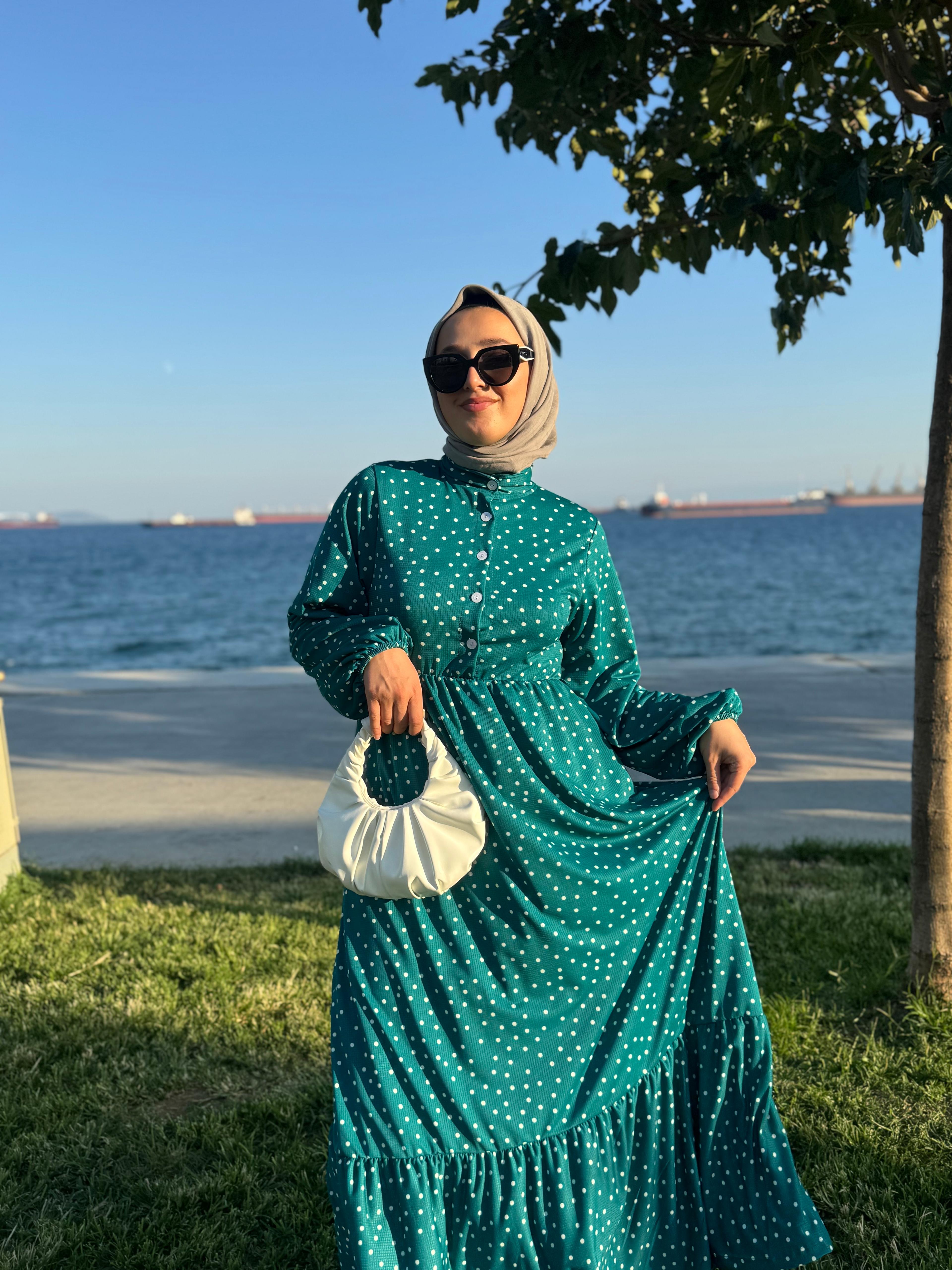 Yeşil Benekli Desenli Elbise