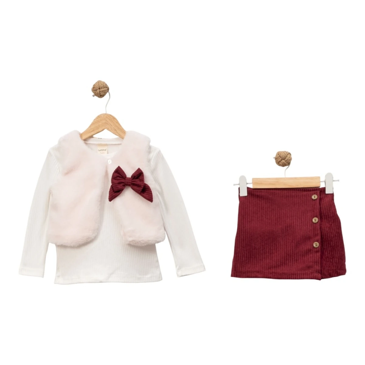 Dadiva Kız Çocuk Peluş Yelekli 3’lü Takım – Vişne Şort Etek Kombin (2-5 Yaş)