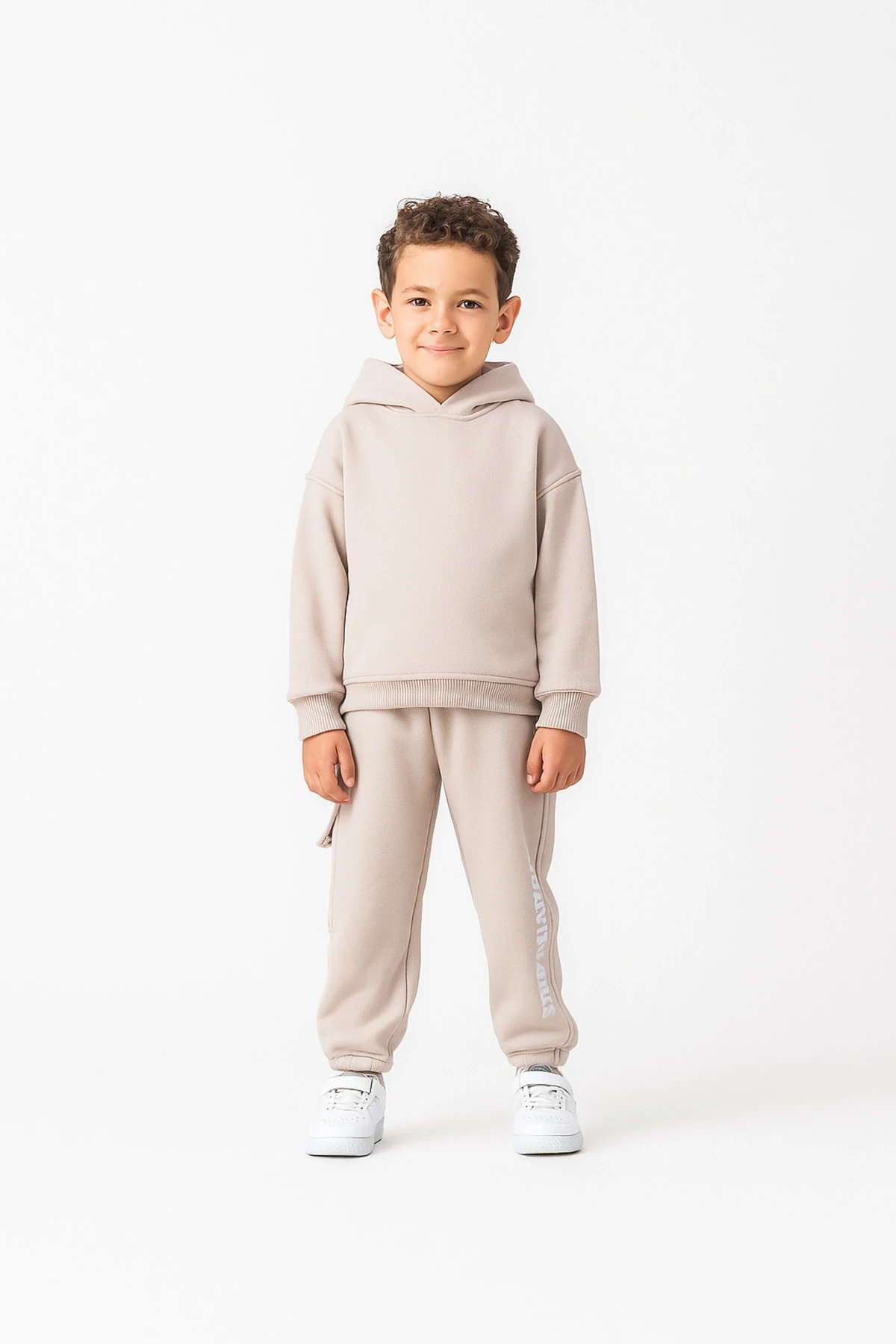 Ekru Erkek Çocuk Eşofman Takımı Kapüşonlu Rahat Kalıp