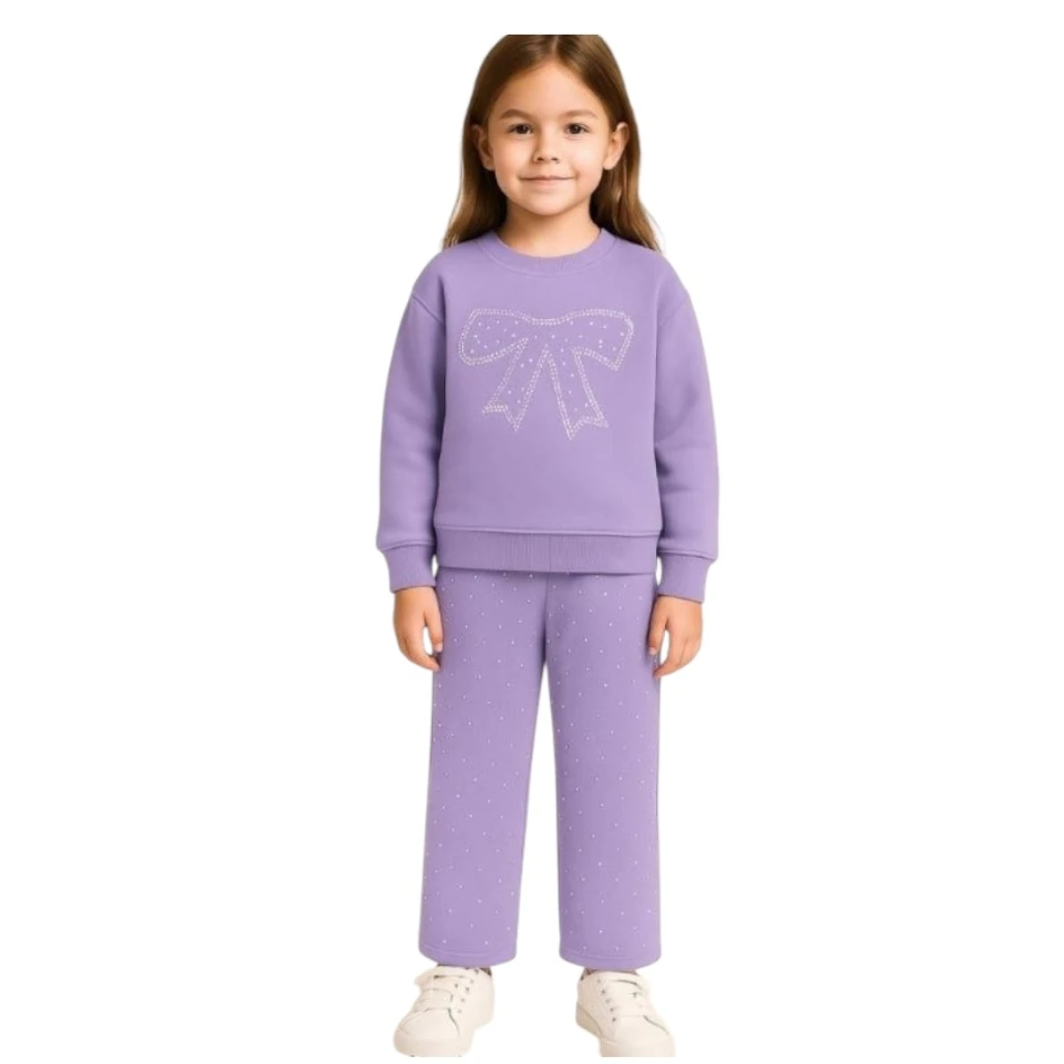 Kız Çocuk Taşlı Fiyonk Takım Lila – Sweat & Pantolon 3-8 Yaş