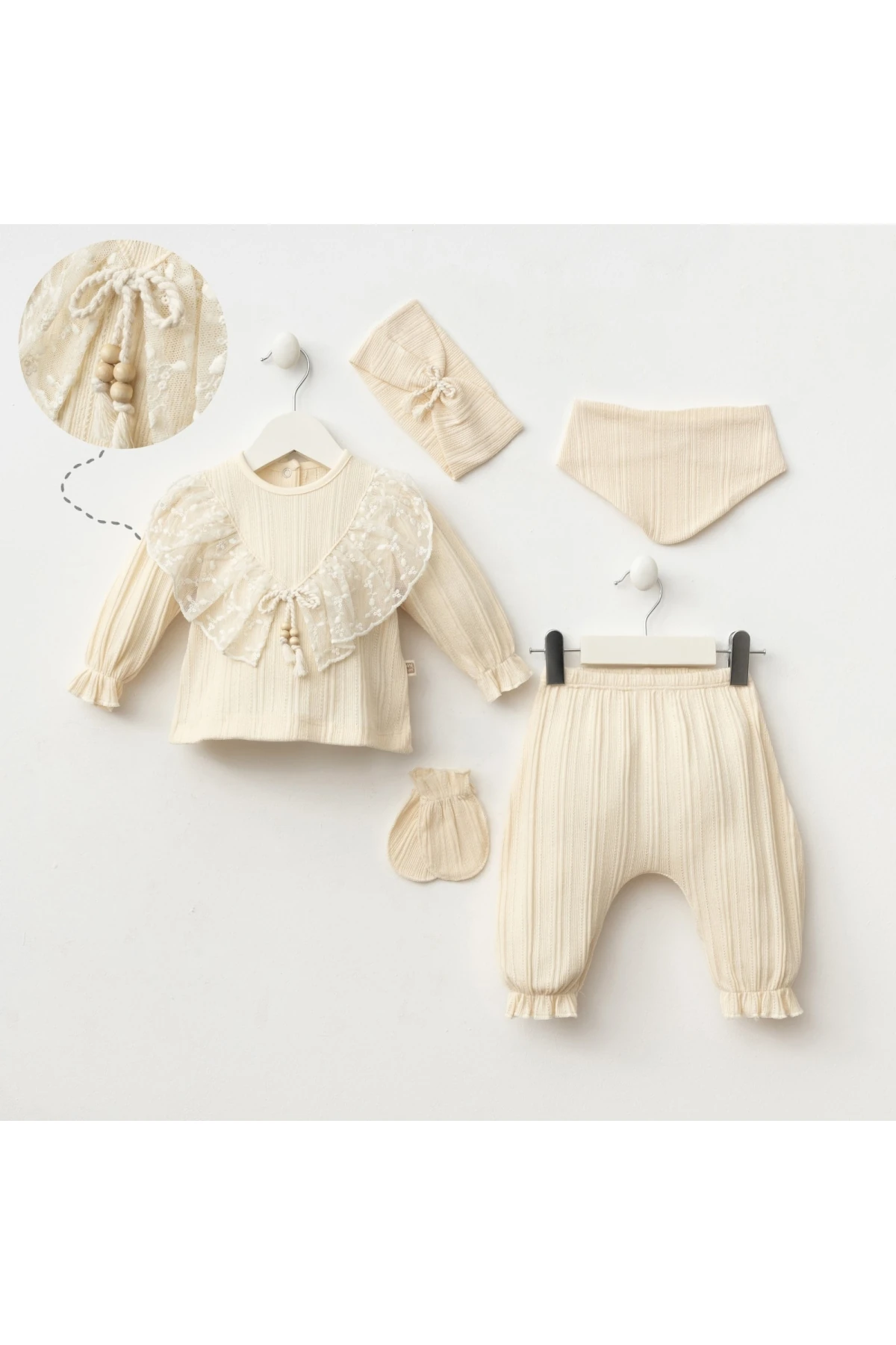 Bej Renk Bebek Zıbın Seti 5 Parça 7083
