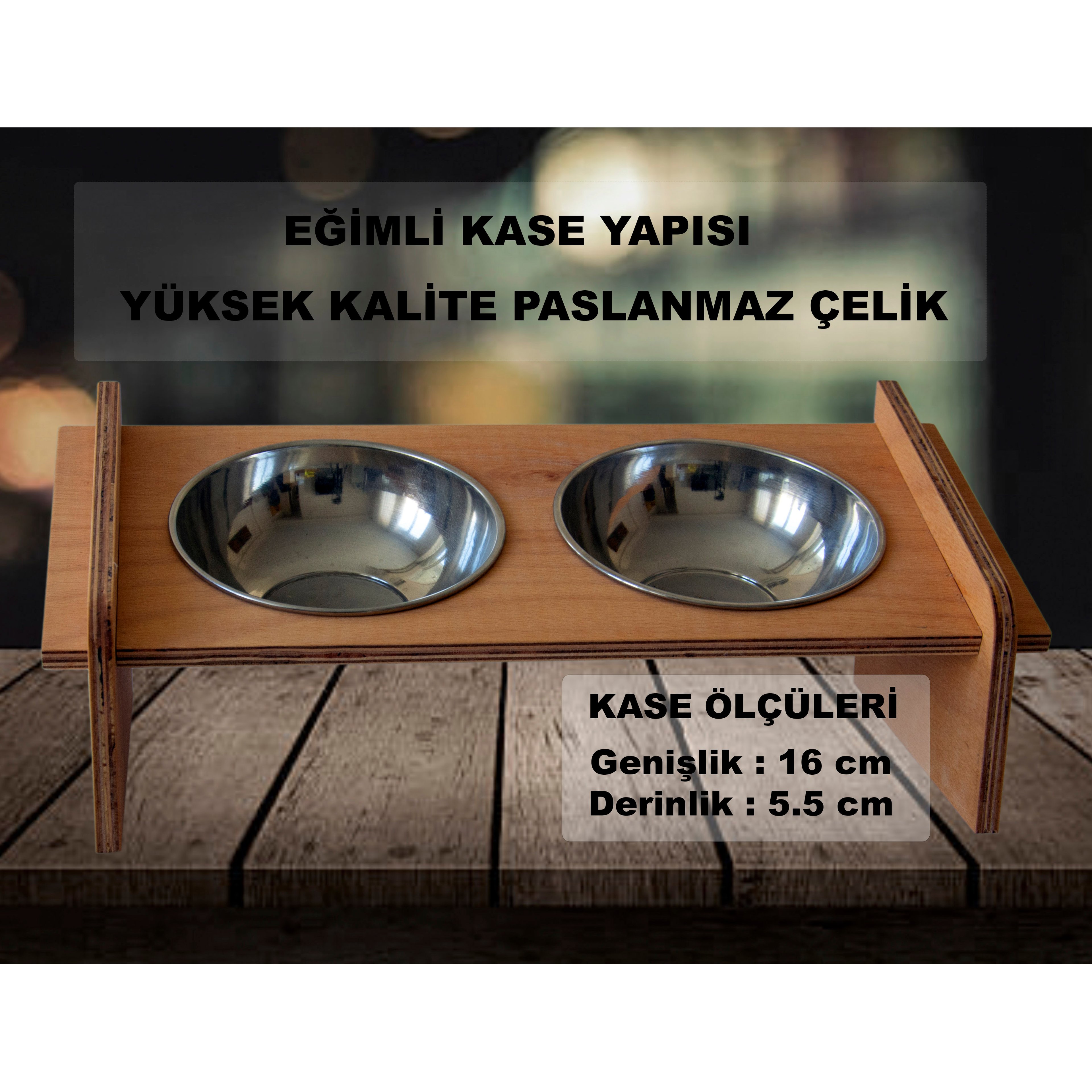 Kedi Ve Küçük Köpekler Için Eğimli, Çelik Kaseli, Ahşap, Mama Ve Su Kabı