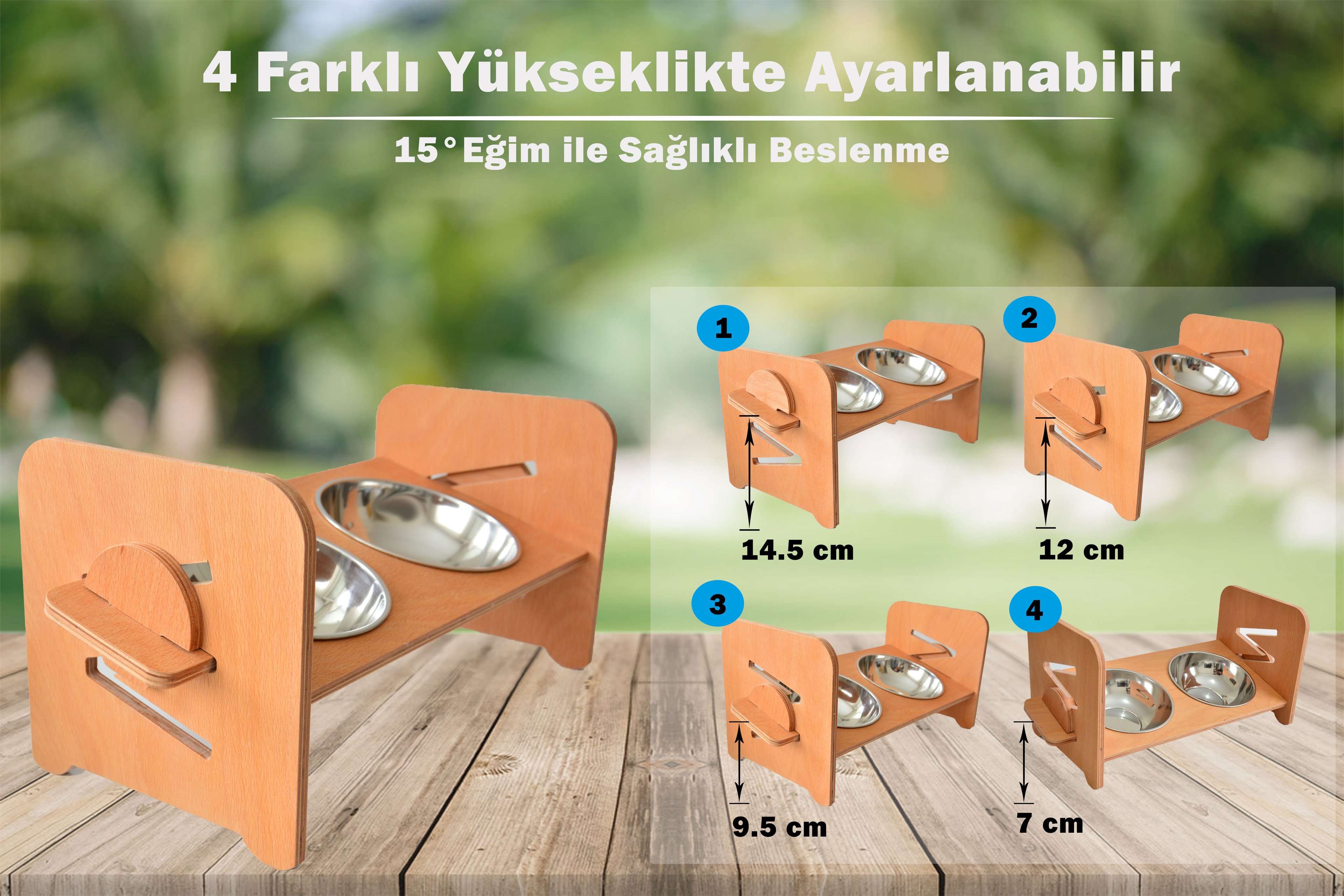 Kedi Ve Küçük Köpekler Için 4 Farklı Yükseklikte Ayarlanabilir, Eğimli, Ahşap, Mama Ve Su Kab