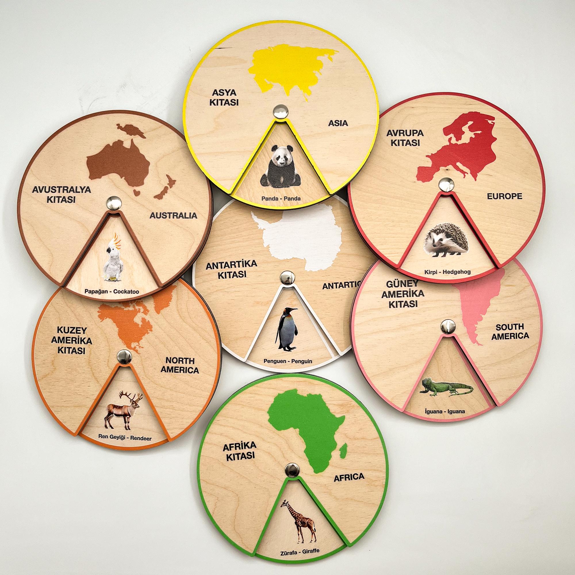 Kıtalarda Yaşayan Hayvanları Öğreniyorum (7 Kıta Çarkı ve Kutusu)