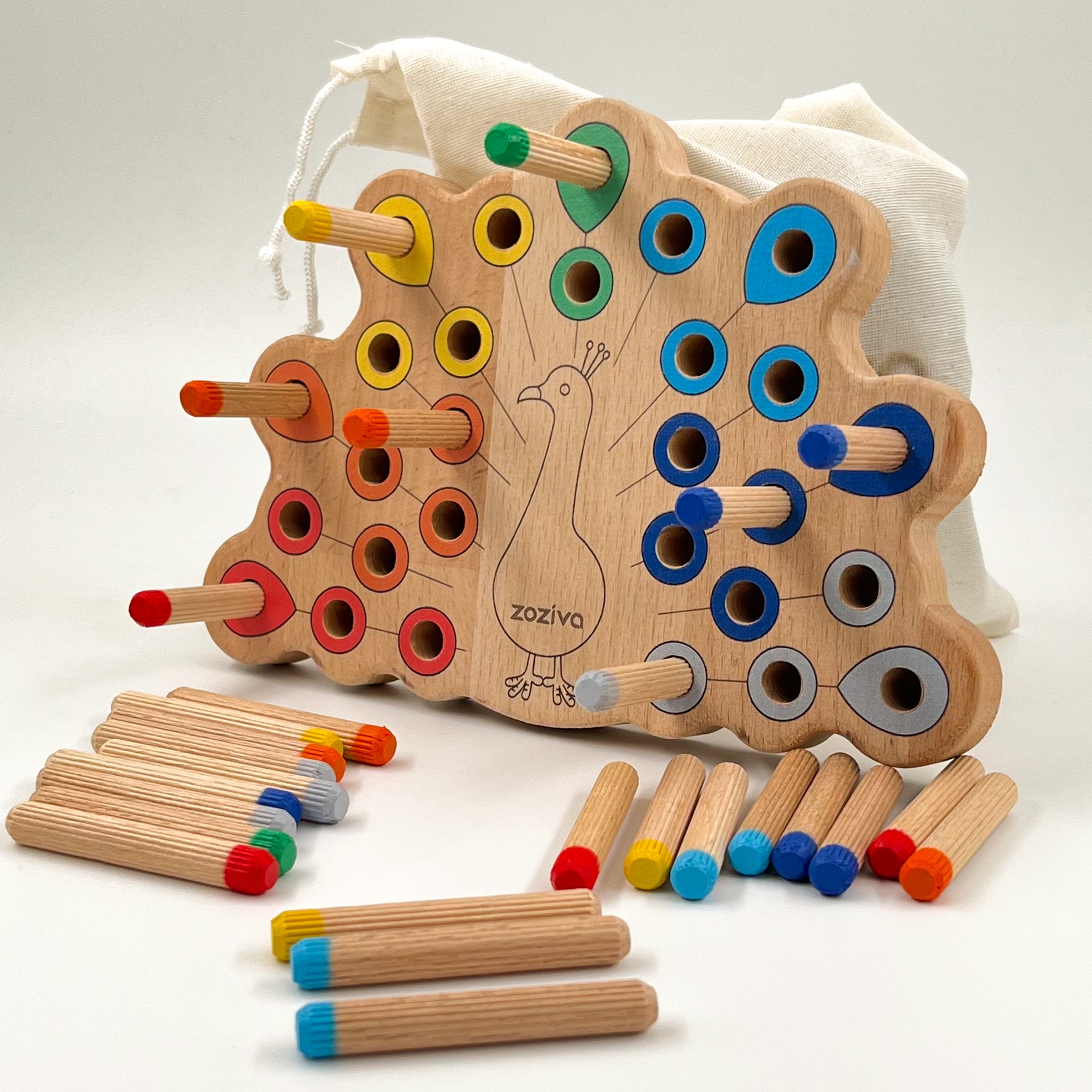 Montessori Eğitici Ahşap Oyuncak – Tak Çıkar Renkli Ahşap Oyuncak - tavus kuşu tak-çıkar oyuncağı