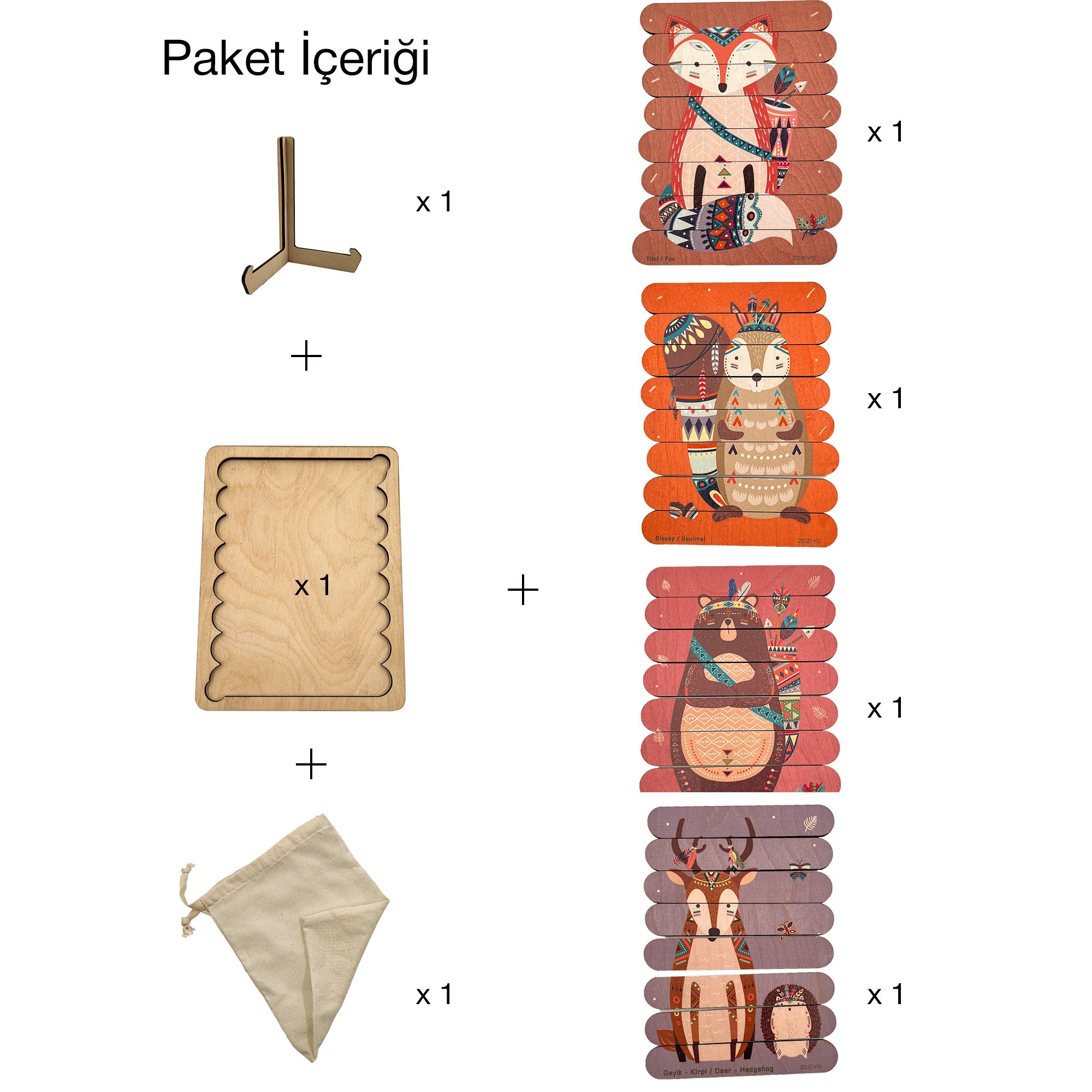 Montessori Eğitici Ahşap Puzzle Ekonomik Oyuncak Seti 4 Farklı Puzzle Tilki,Tavşan,Ayı,Geyik 35parça