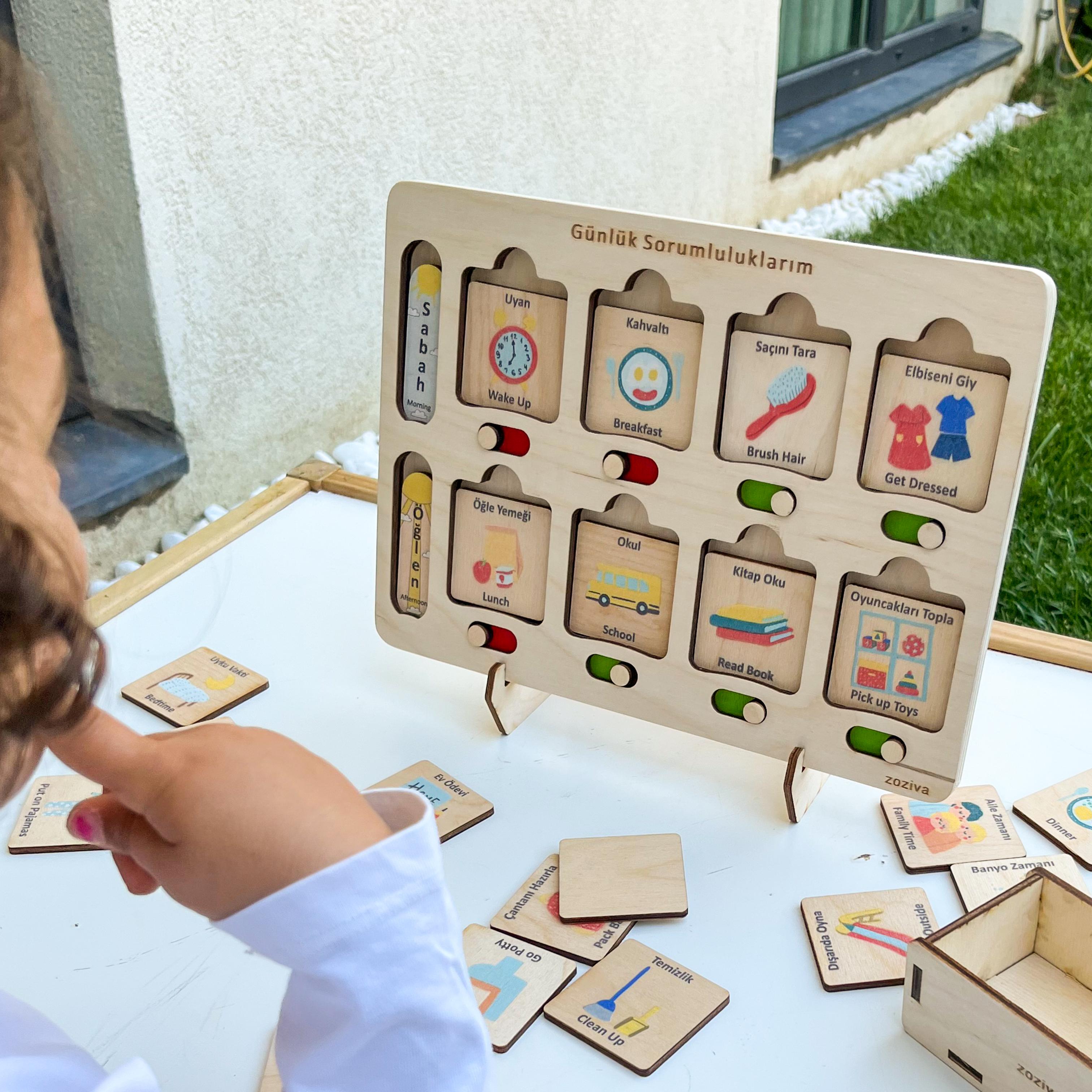 Günlük Sorumluluklarım, Çocuklar için Görsel Program, Günlük Program, İş Çizelgesi Ahşap Oyuncağı