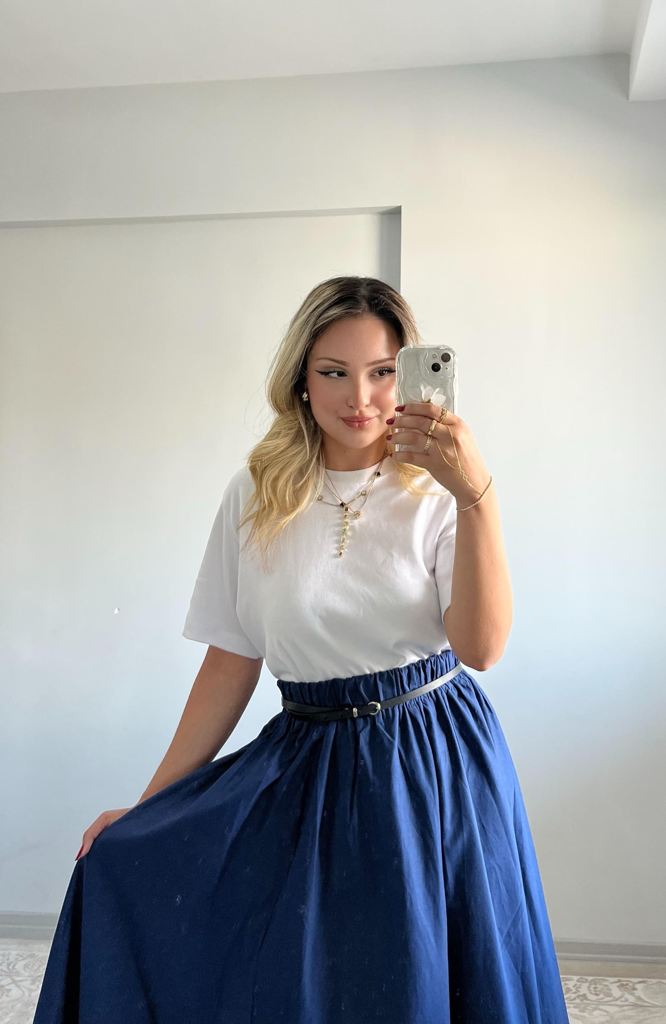 Lacivert Poplin Beli Lastikli Uzun Etek 27321