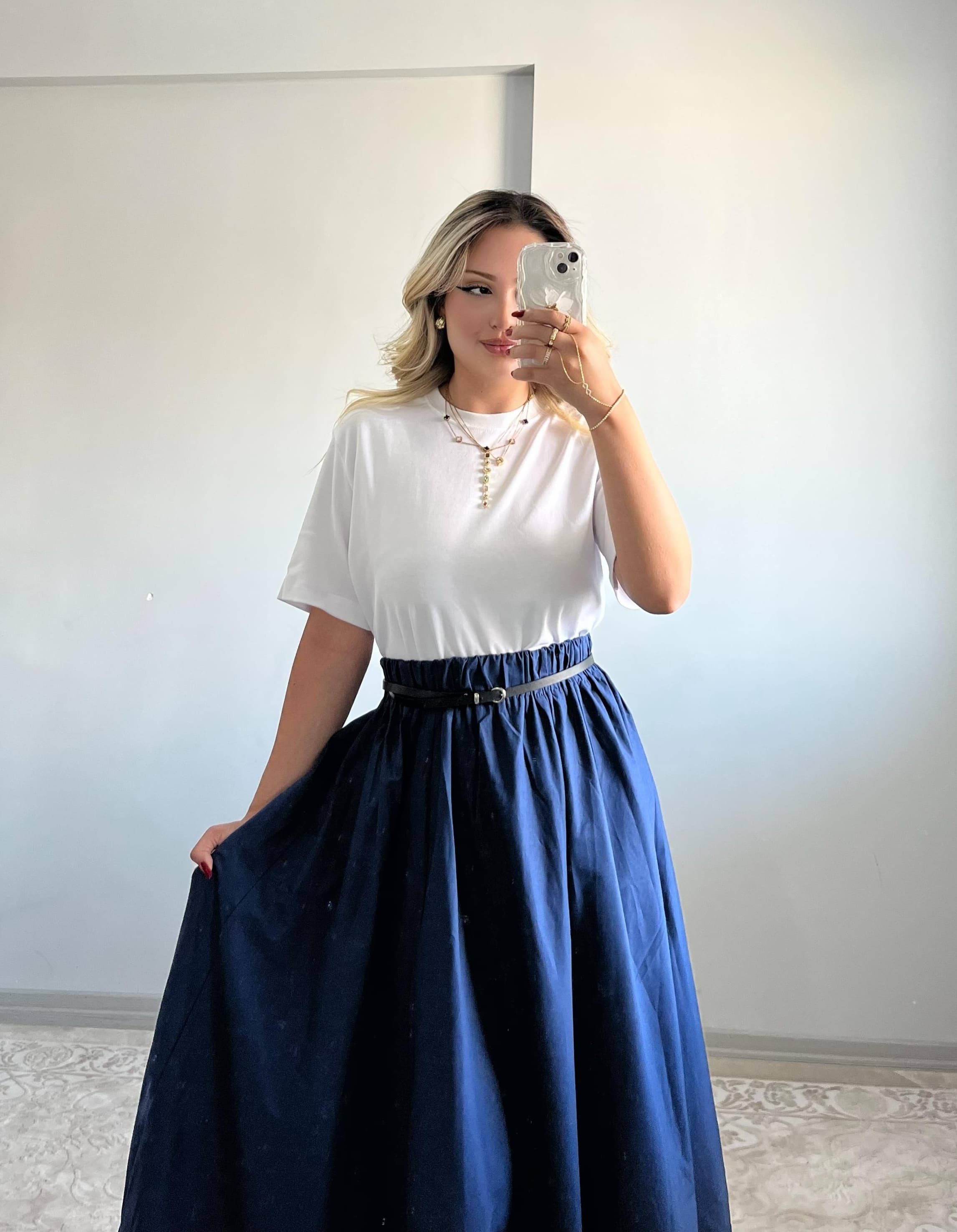 Lacivert Poplin Beli Lastikli Uzun Etek 27321