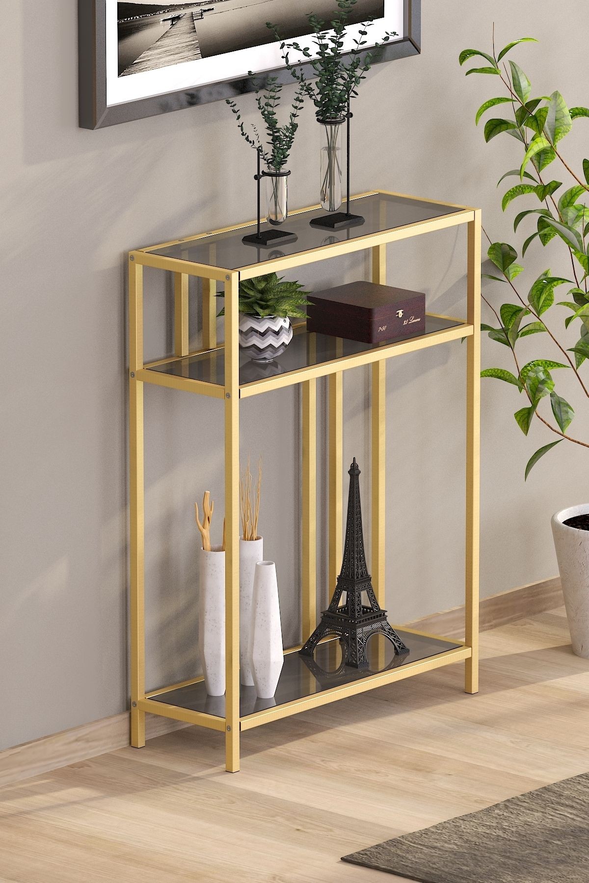 Gold Renk Füme Temper Camlı Dresuar Konsol Komodin