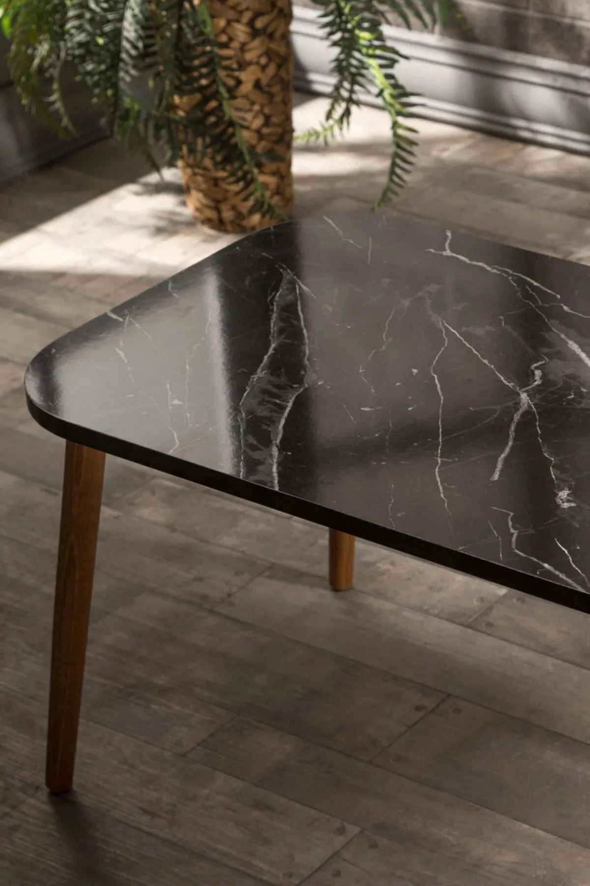 Orta Sehpa Kare Ahşap Torna Ayak Bendir Siyah-mermer Desenli