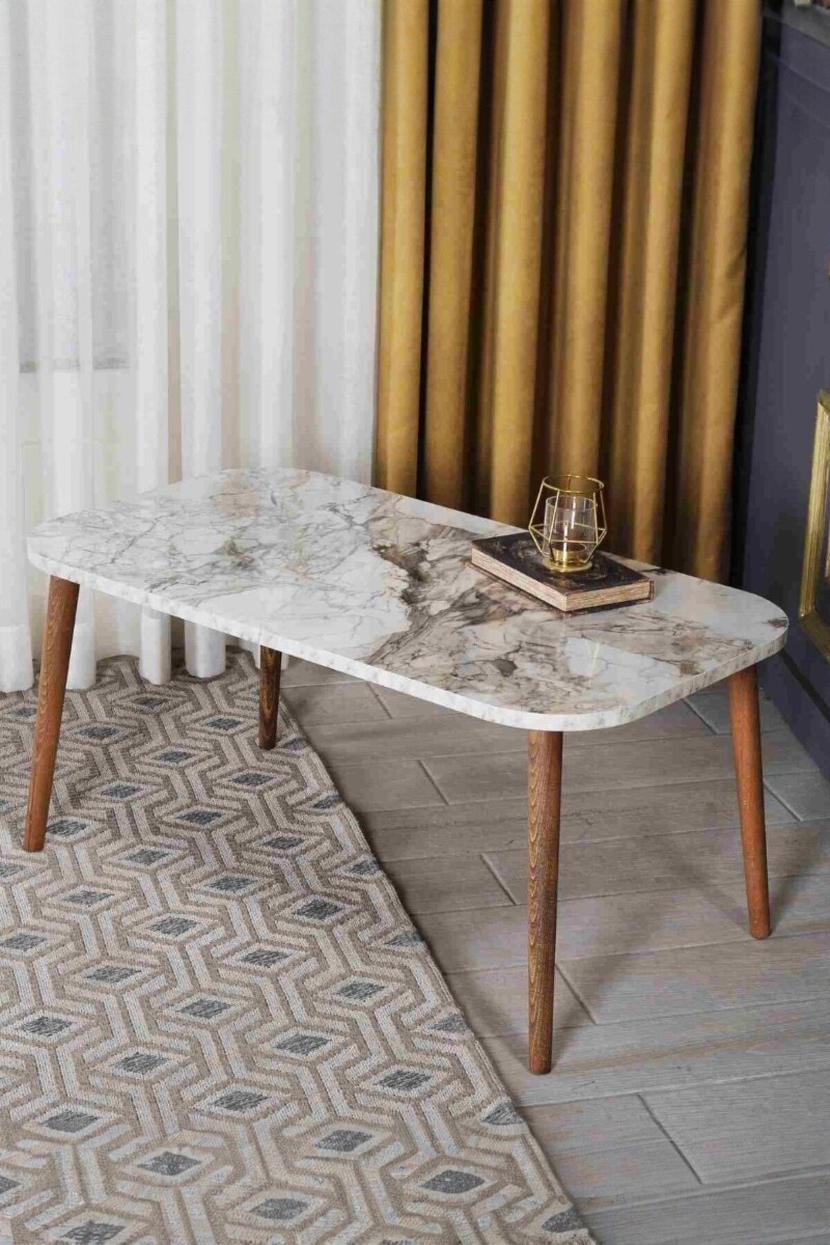 Orta Sehpa Kare Ahşap Torna Ayak Bendir Siyah-mermer Desenli - efes