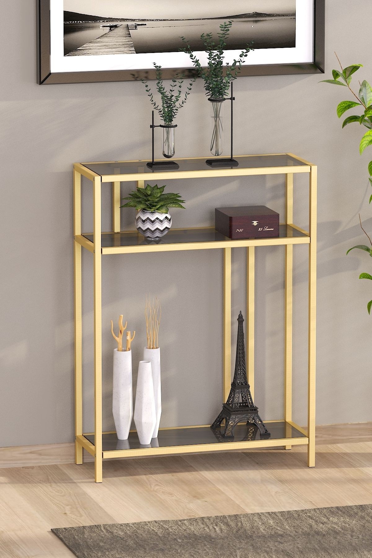 Gold Renk Füme Temper Camlı Dresuar Konsol Komodin - gold-füme