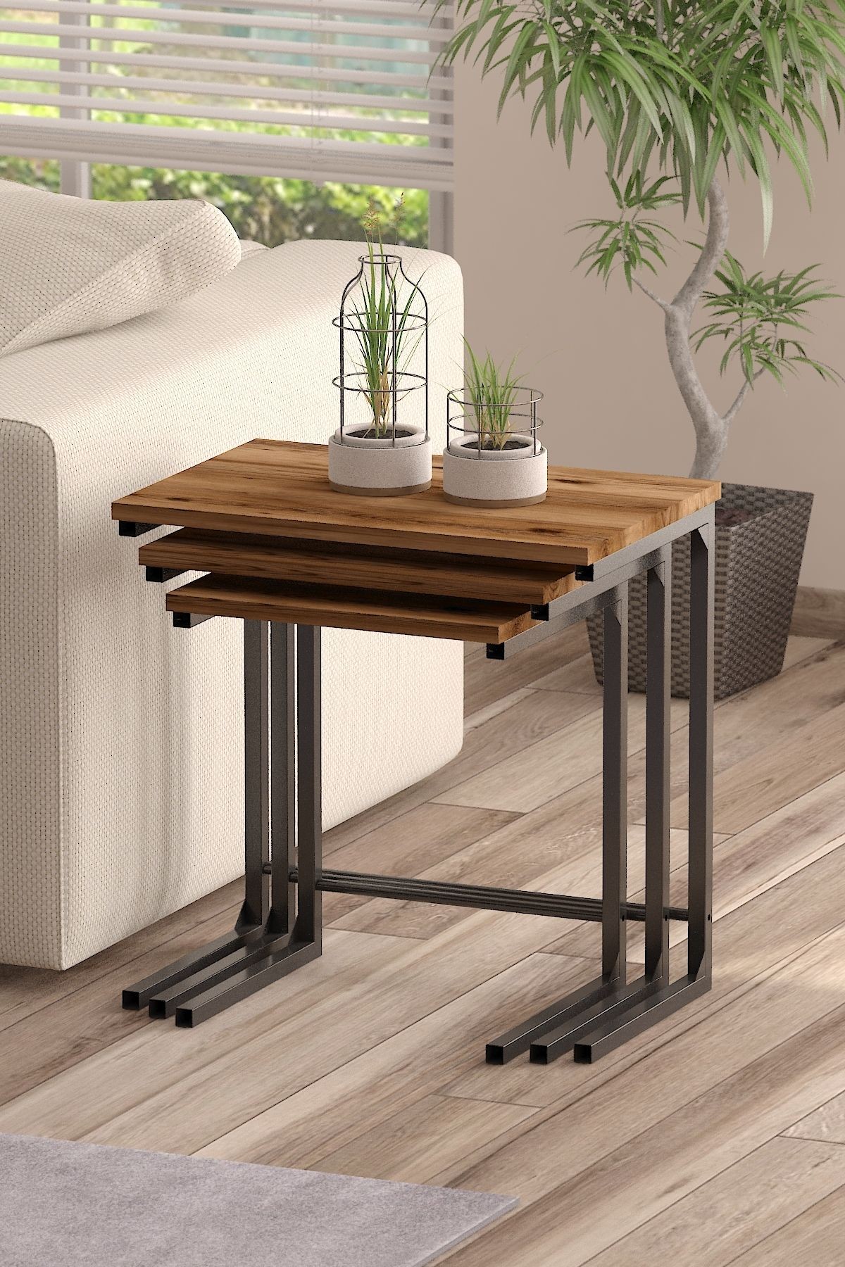 3lü Zigon Sehpa Metal Zigon Sehpa C Sehpa - kahverengi