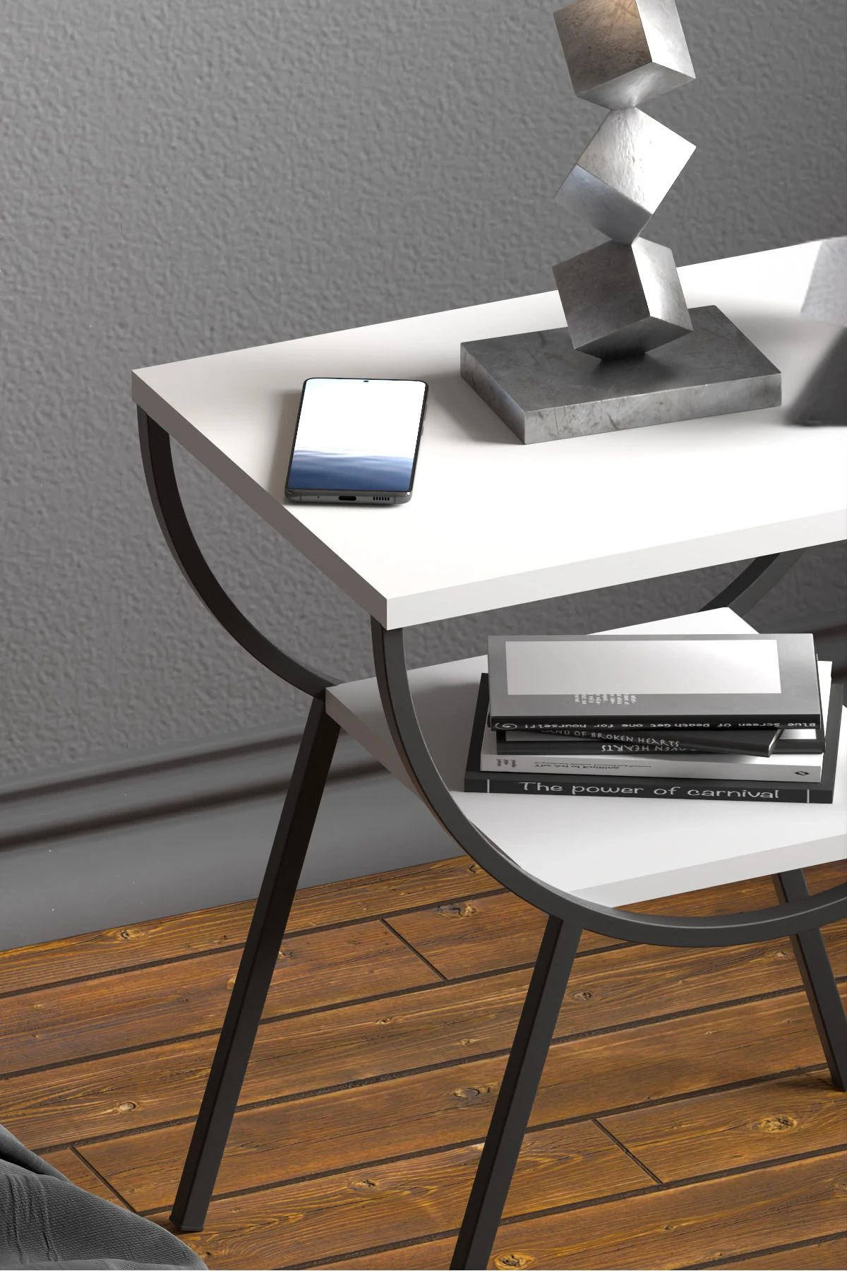 Yan Sehpa Komodin Metal Ayak Ceviz Tabla