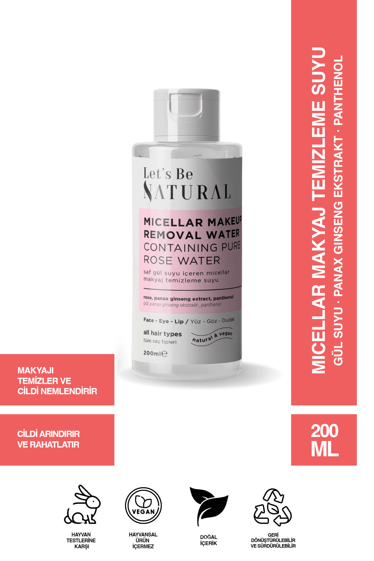 Saf Gül Suyu İçeren Micellar Kusursuz Makyaj Temizleme Suyu 200 ML MİSEL SU NEMLENDİRİCİ DOĞAL