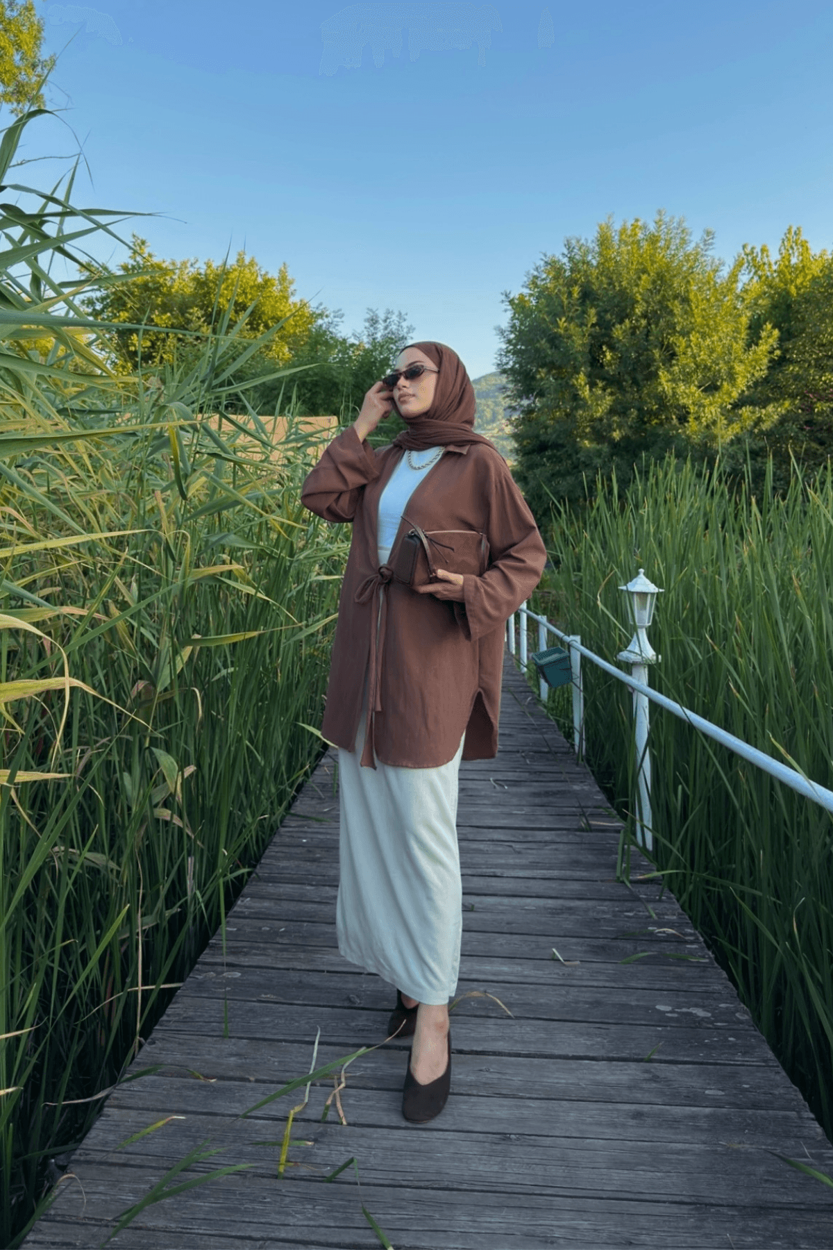 Acı Kahve Bağlama Detaylı Flam Keten Kimono