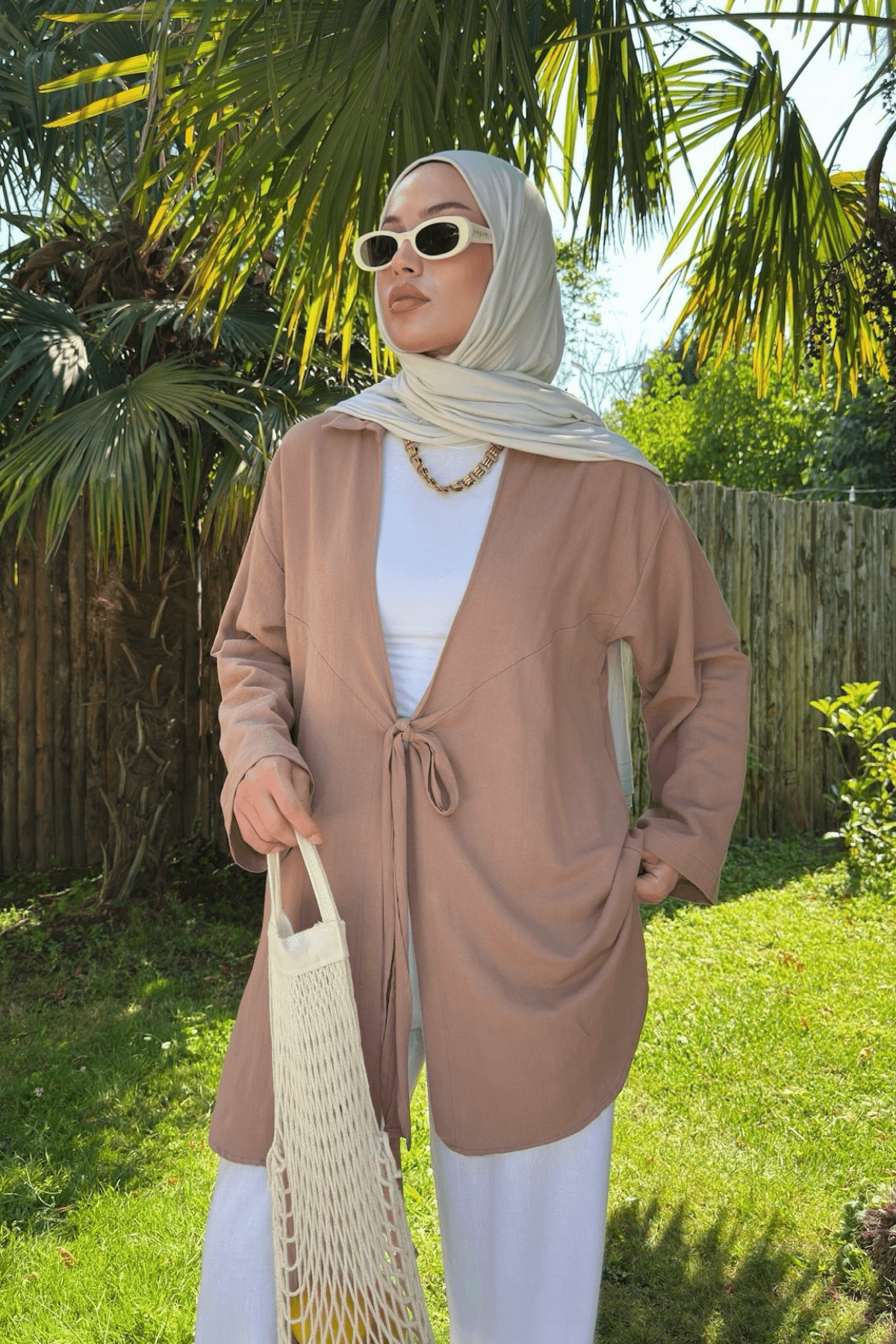 Kahve Bağlama Detaylı Flam Keten Kimono