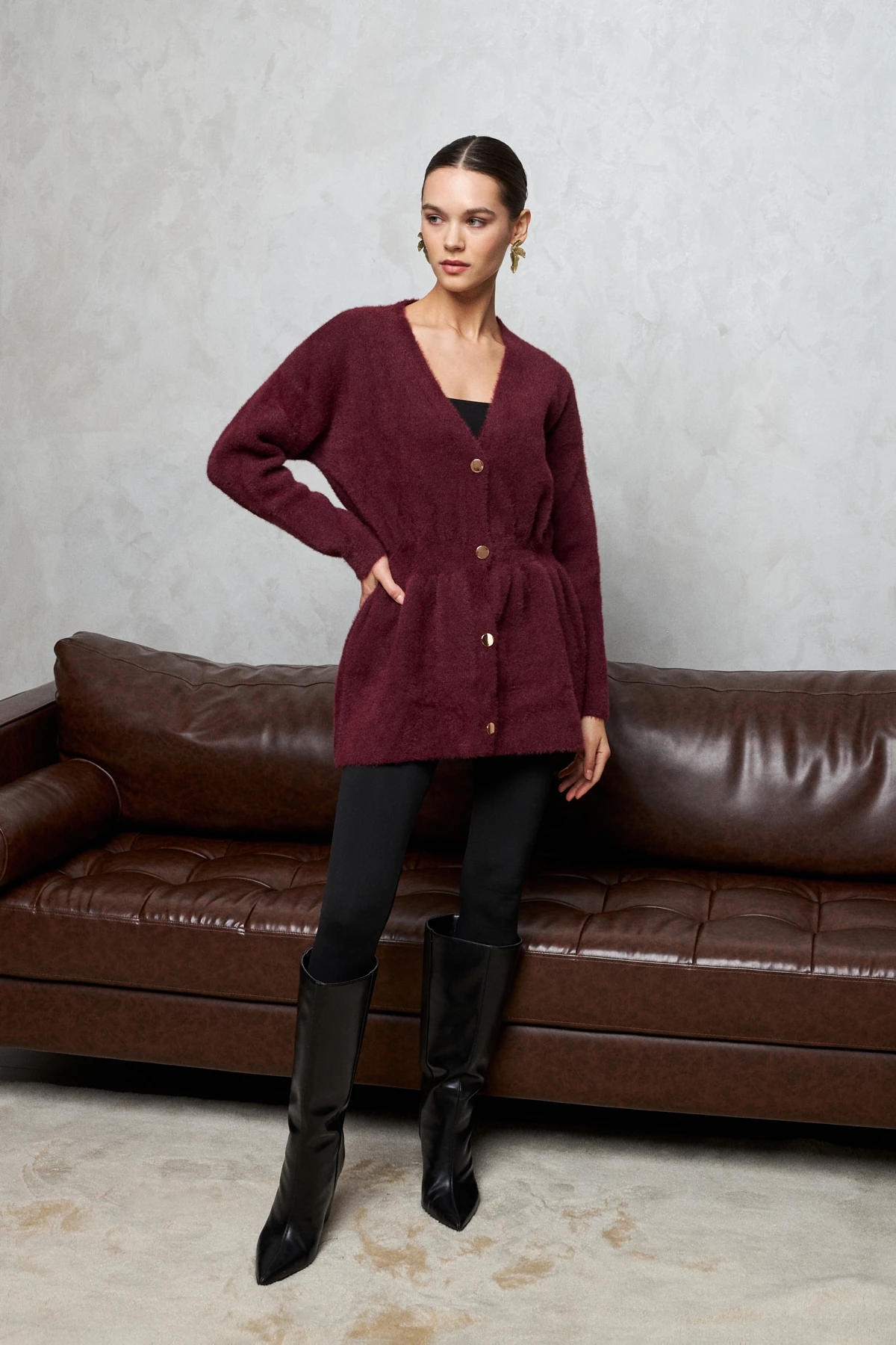 Gold Düğmeli Soft Hırka-BORDO