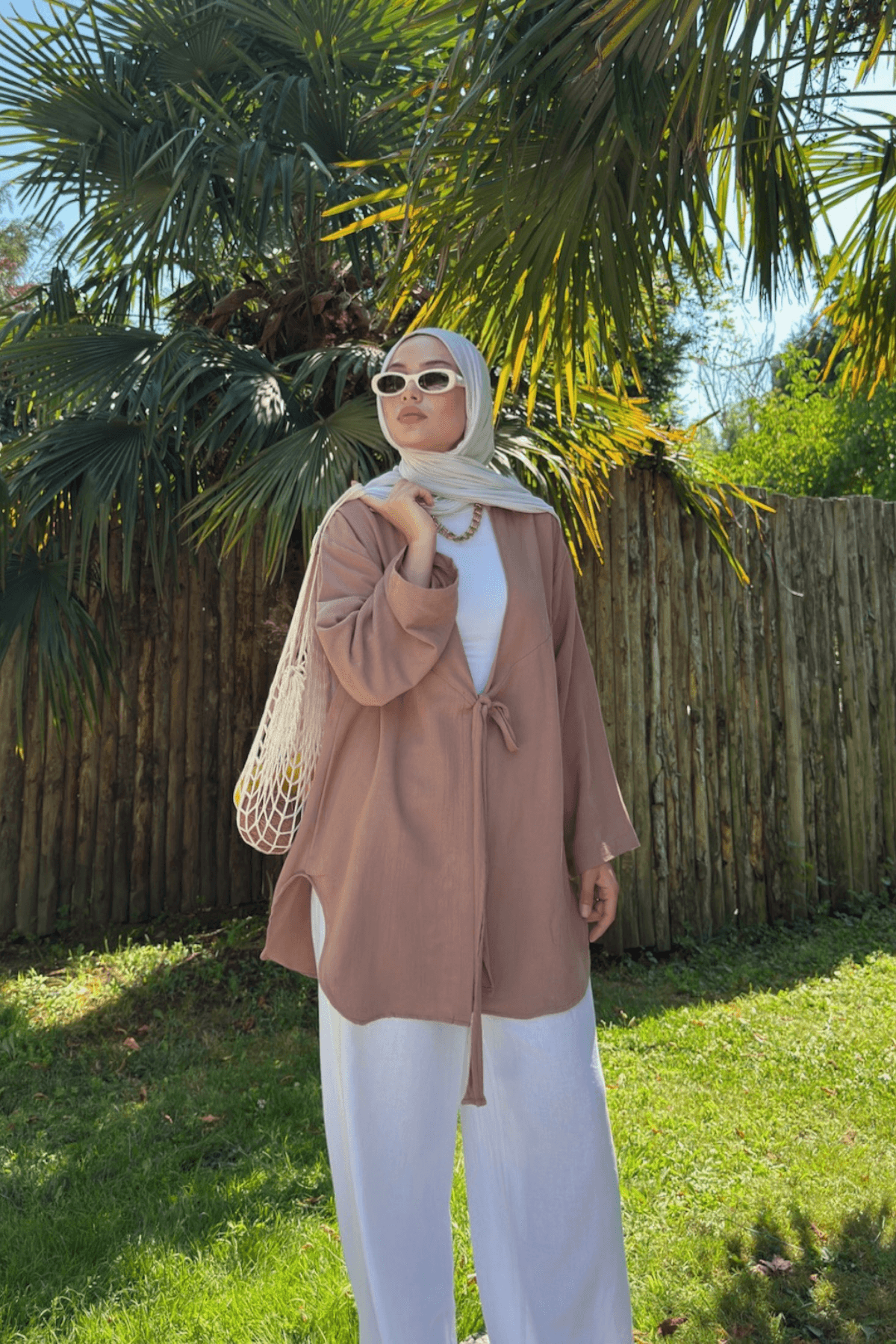 Kahve Bağlama Detaylı Flam Keten Kimono