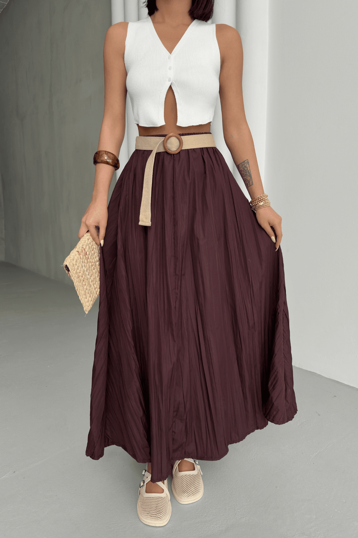 Kadın Bordo Crush Efektli Uzun Kloş Etek