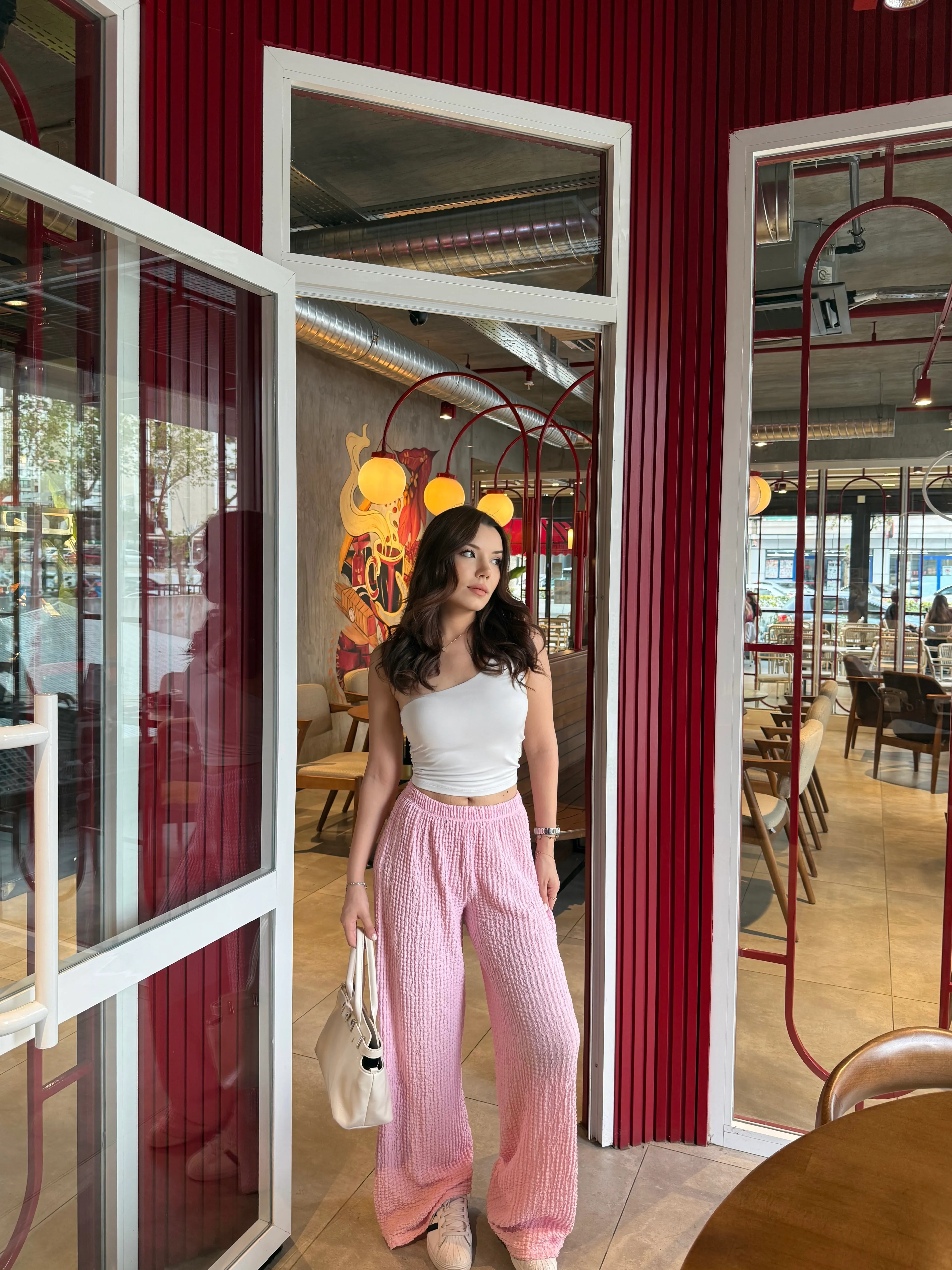 Pembe Yüksek Bel Likralı Bubble Pantolon