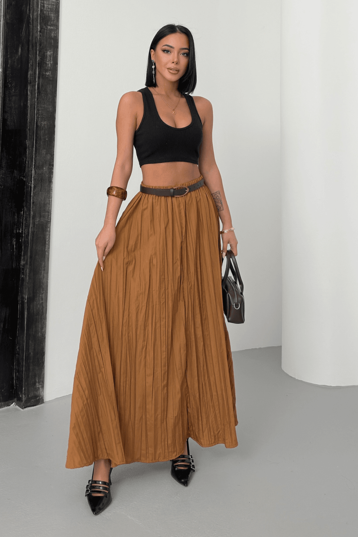 Kadın Camel Crush Efektli Uzun Kloş Etek