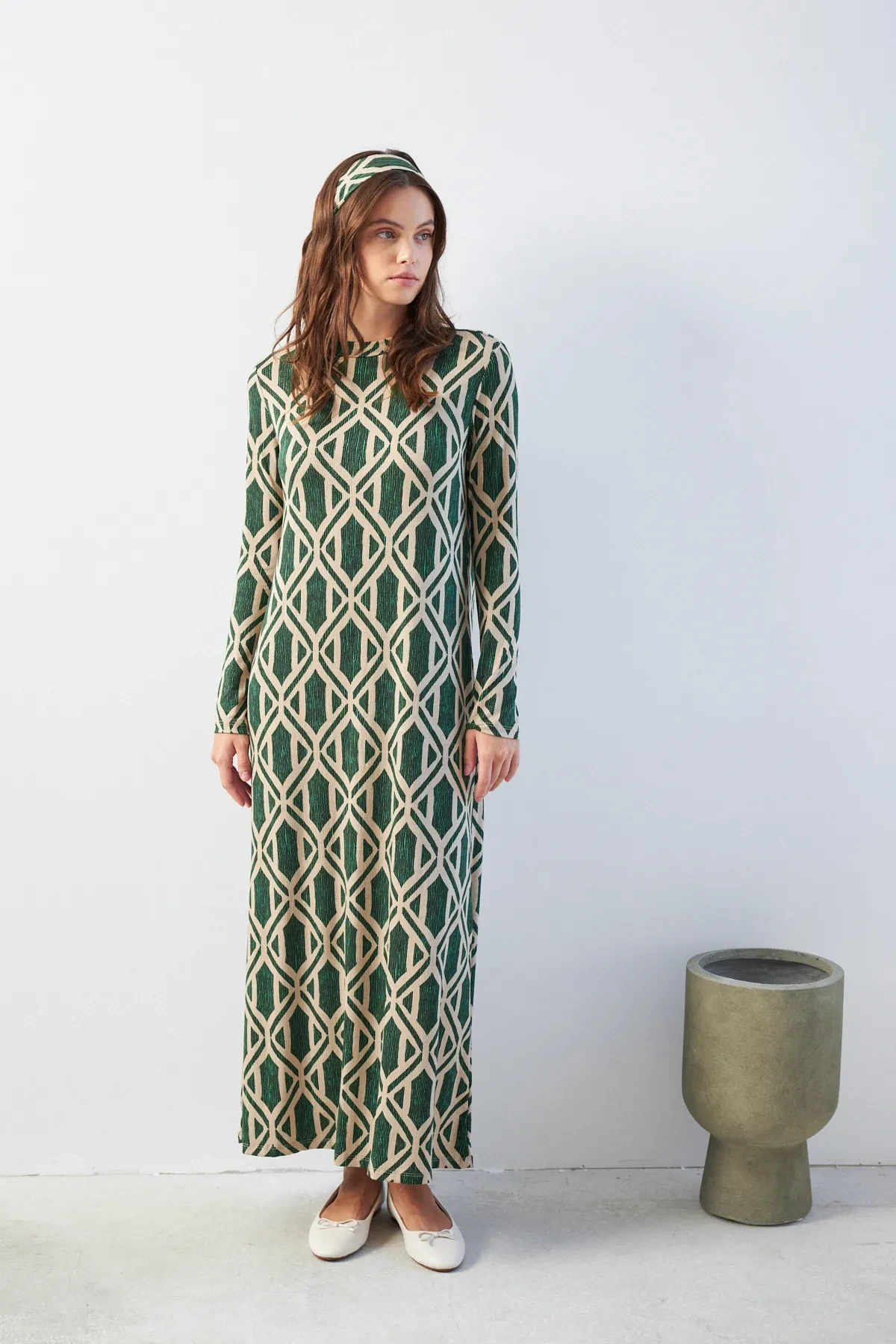 Yeşil Dikey Burgu Desenli Yarım Balıkçı Yaka Uzun Kollu Uzun Elbise