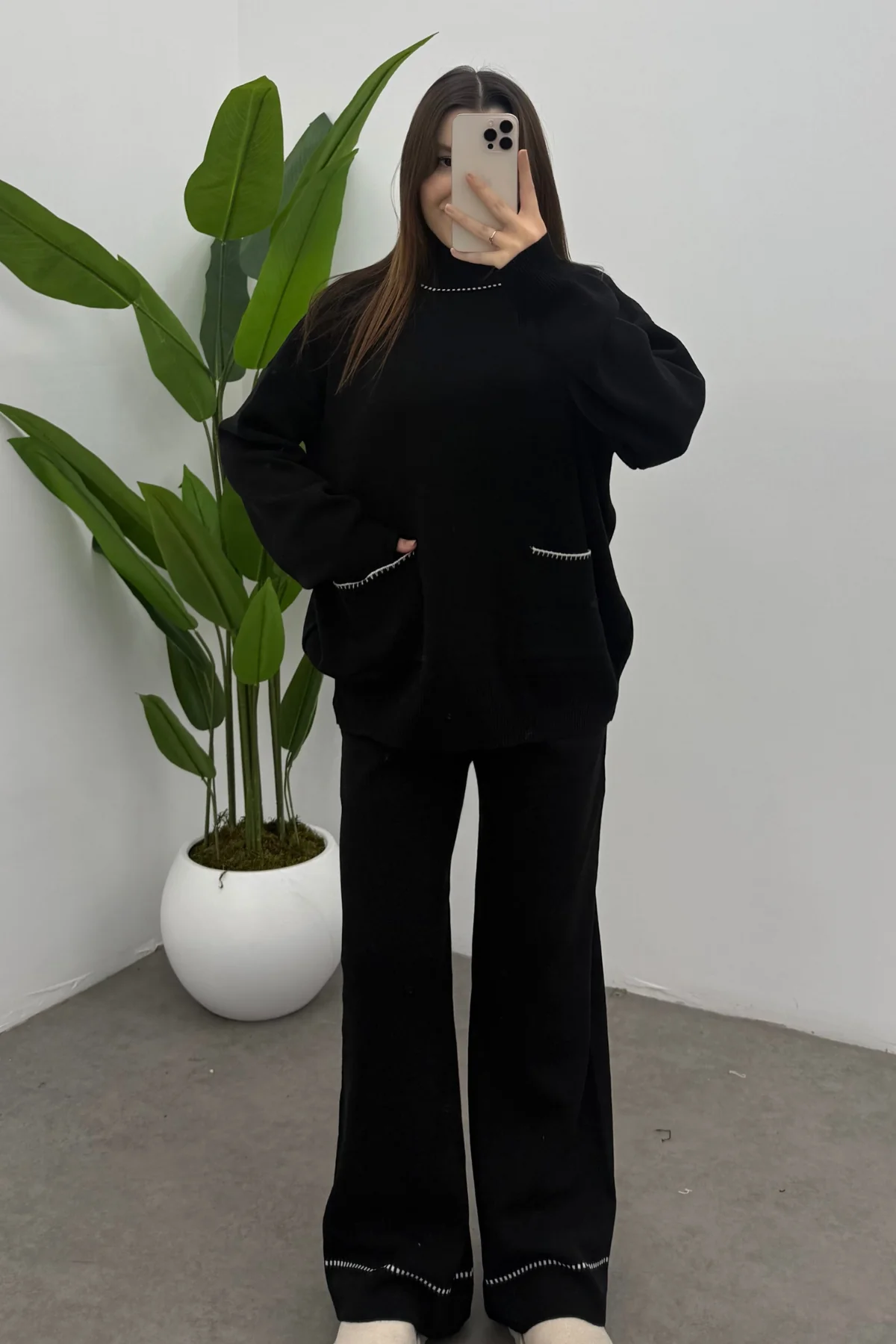 Balıkçı Yaka Kazak Pantolon Triko Takım- Siyah