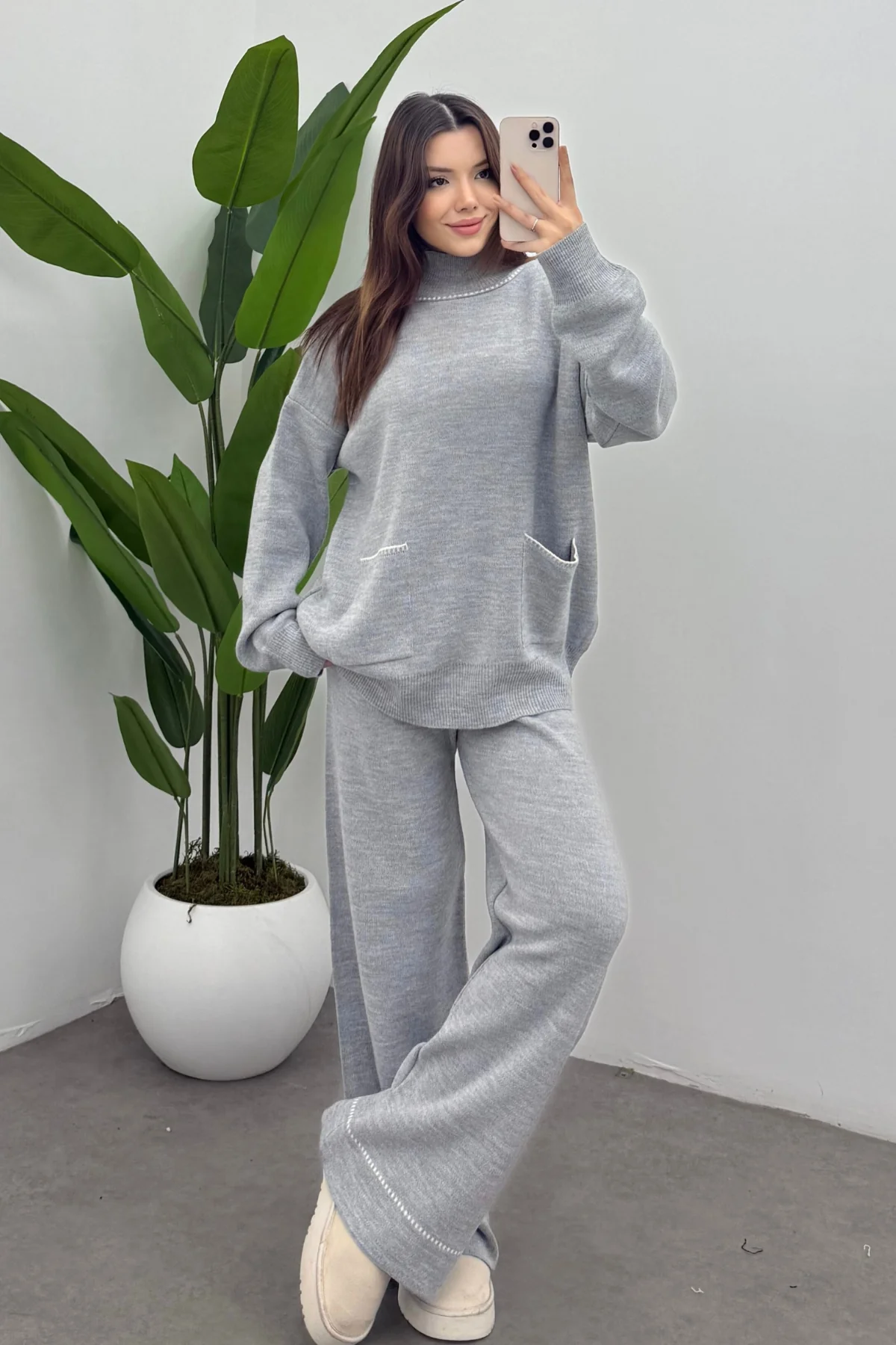 Balıkçı Yaka Kazak Pantolon Triko Takım- Gri