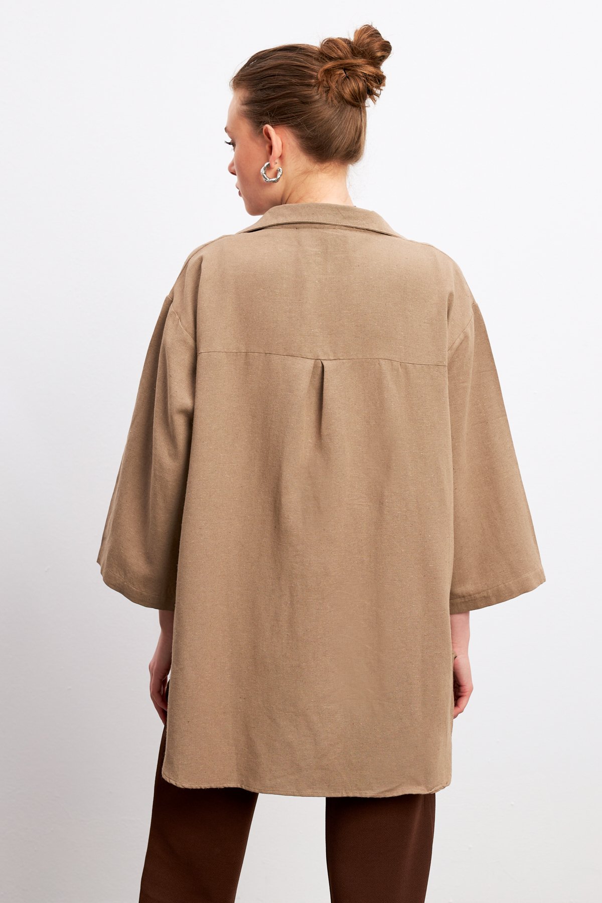 Sütlü Kahve Bağlama Detaylı Flam Keten Kimono