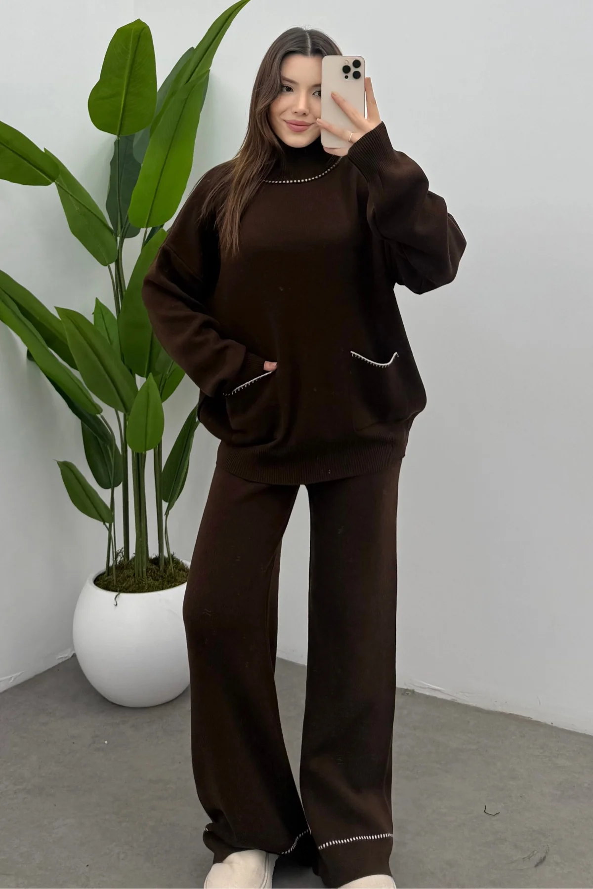 Balıkçı Yaka Kazak Pantolon Triko Takım- Kahverengi