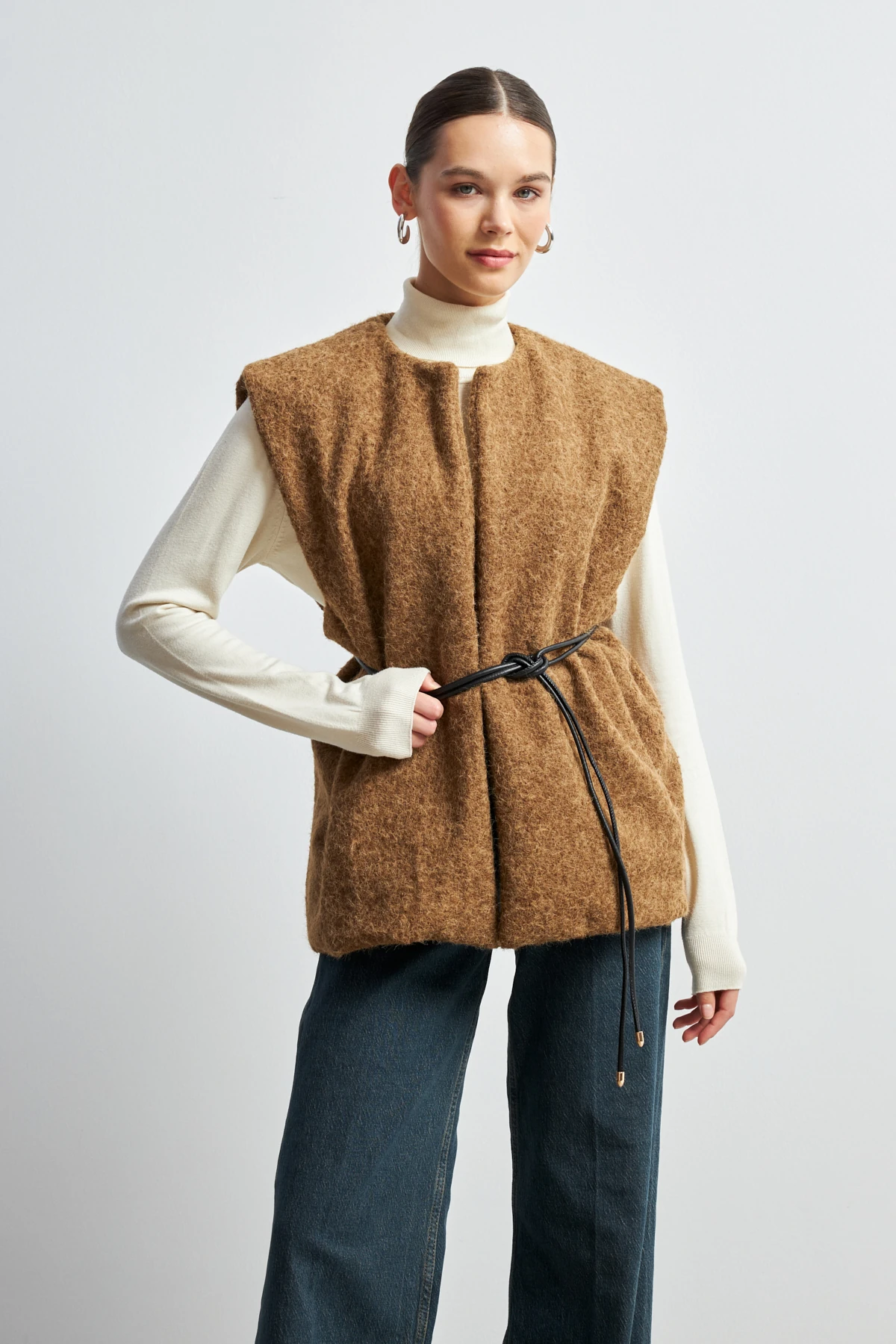 Kemerli Kaşe Yelek- CAMEL