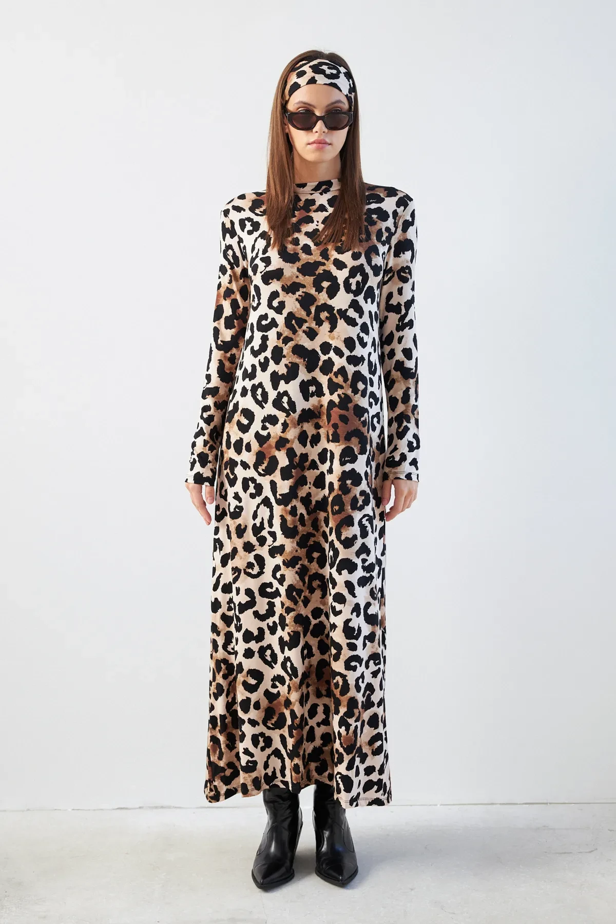 Baskı Leopar Desenli Yarım Balıkçı Yaka Uzun Kollu Elbise