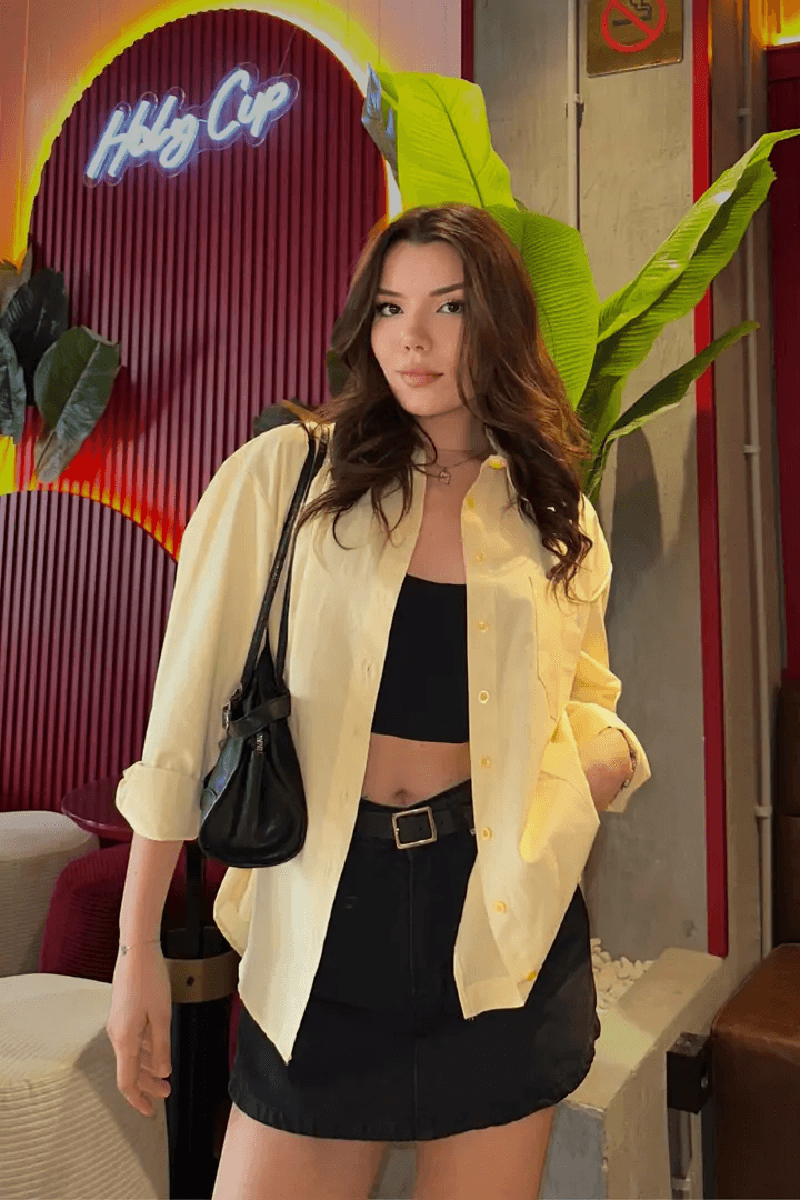 Tereyağı Sarısı Oversize Basic Cep Detaylı Poplin Uzun Kol Gömlek
