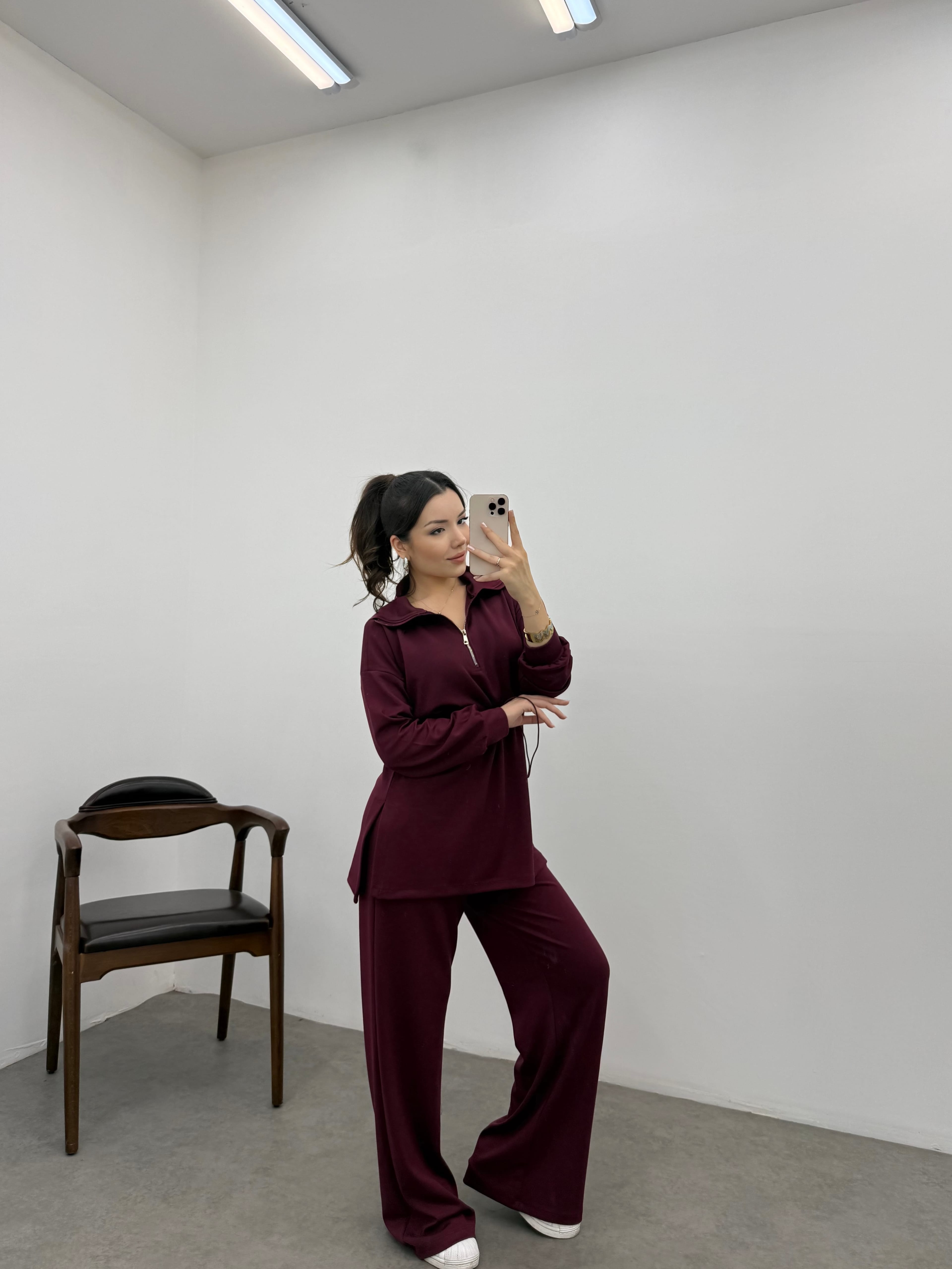 Bordo Fermuar Detaylı Belden Büzgülü Oysho Takım
