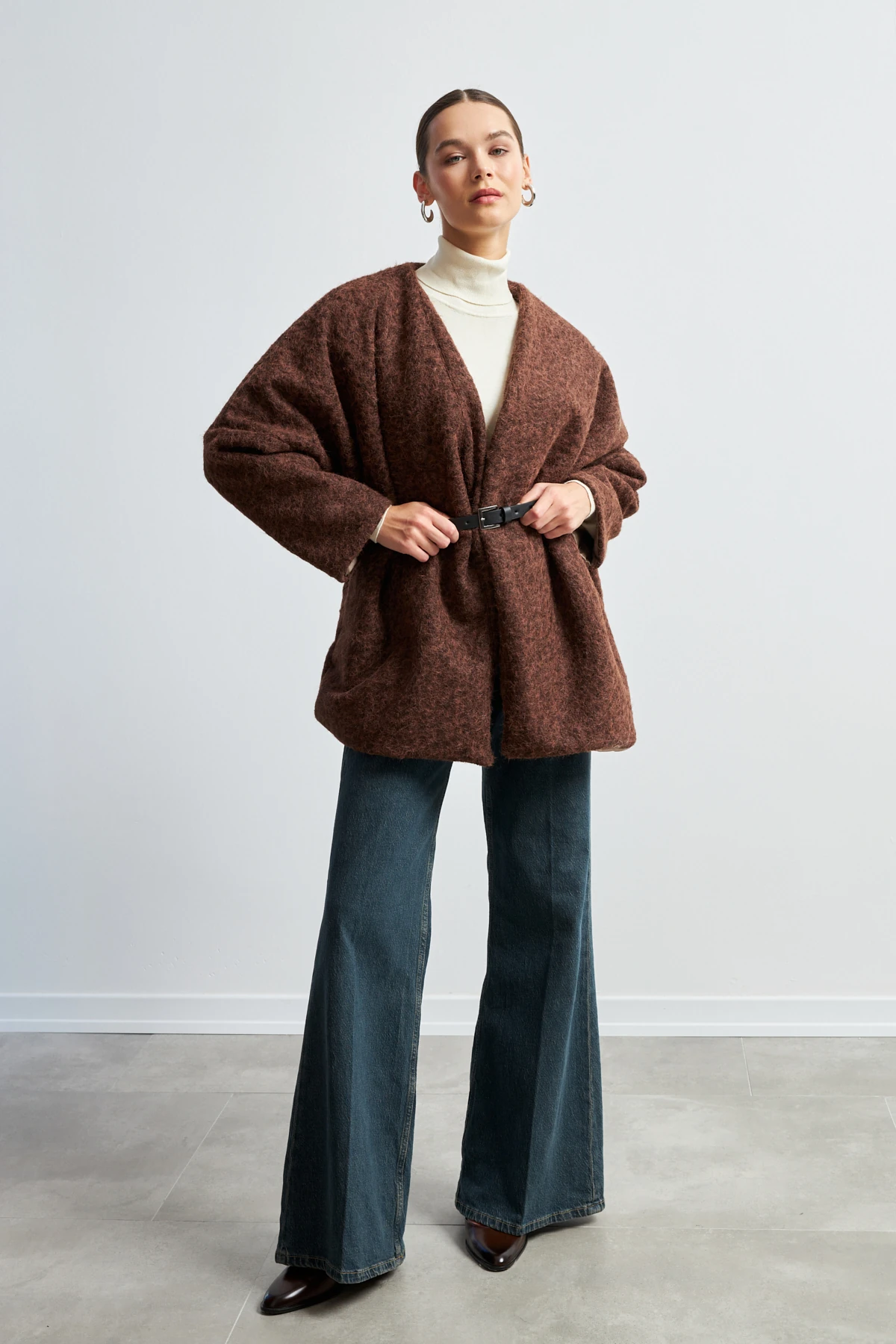 Kemerli Kaşe Ceket- KAHVE