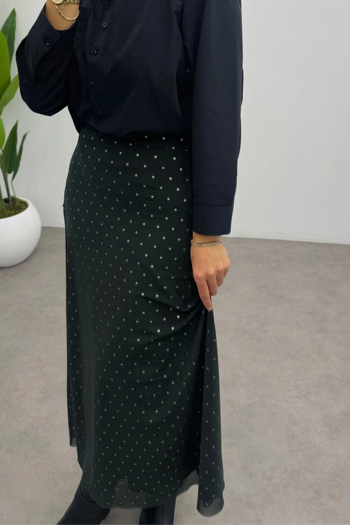 Puantiye Desenli Yeşil Tül Etek