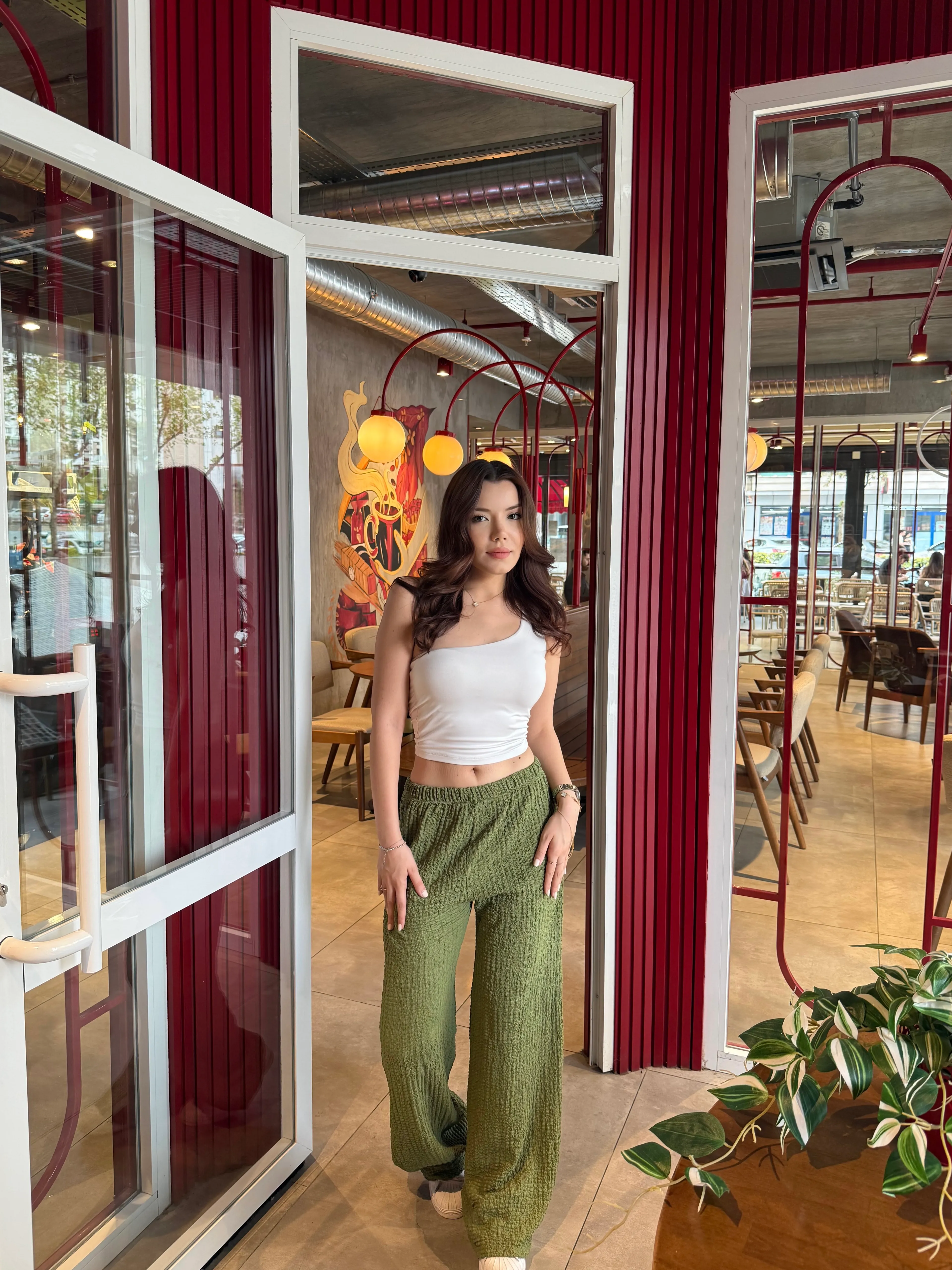 Zeytin Yeşili Yüksek Bel Likralı Bubble Pantolon