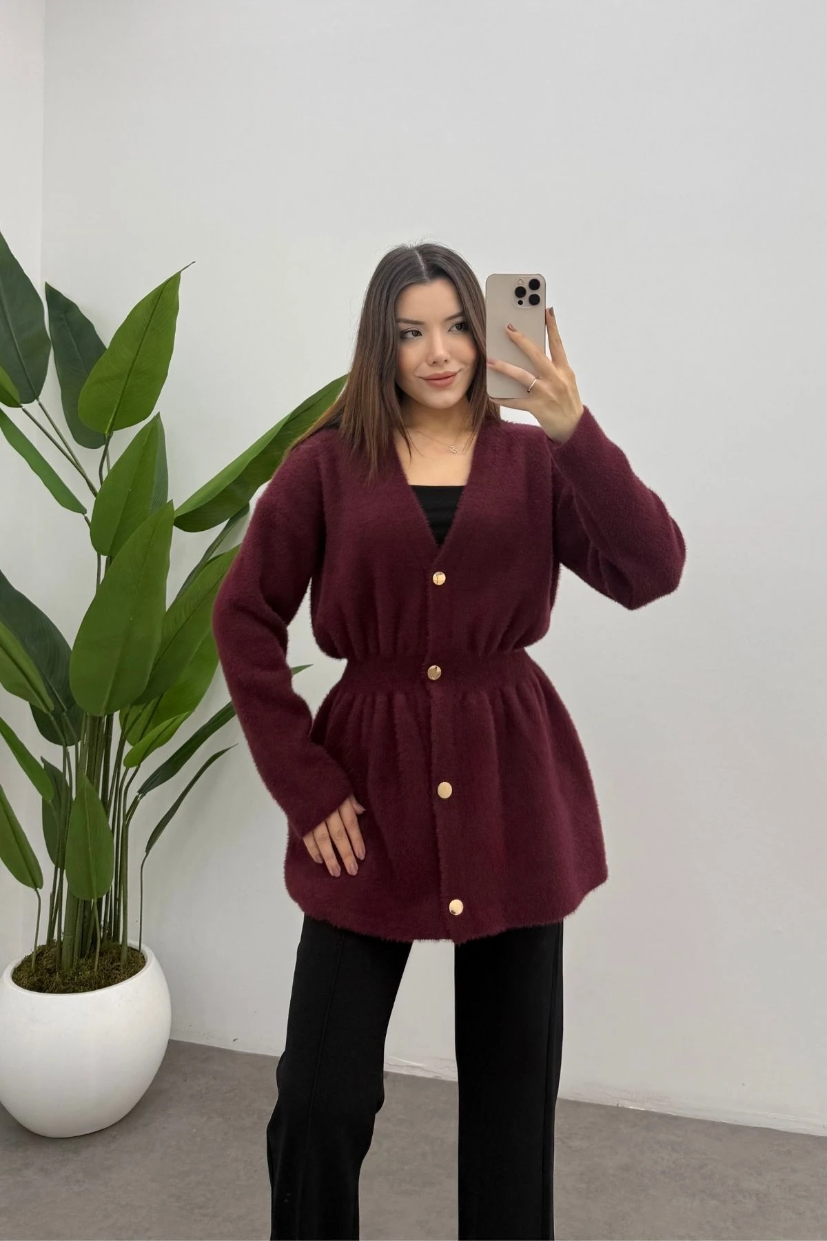 Gold Düğmeli Soft Hırka-BORDO