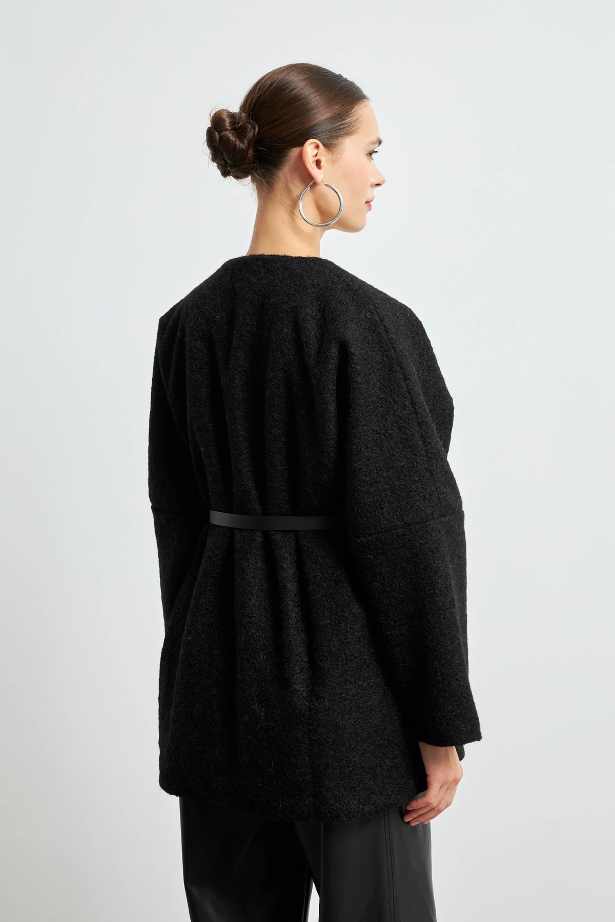 Kemerli Kaşe Ceket-SİYAH