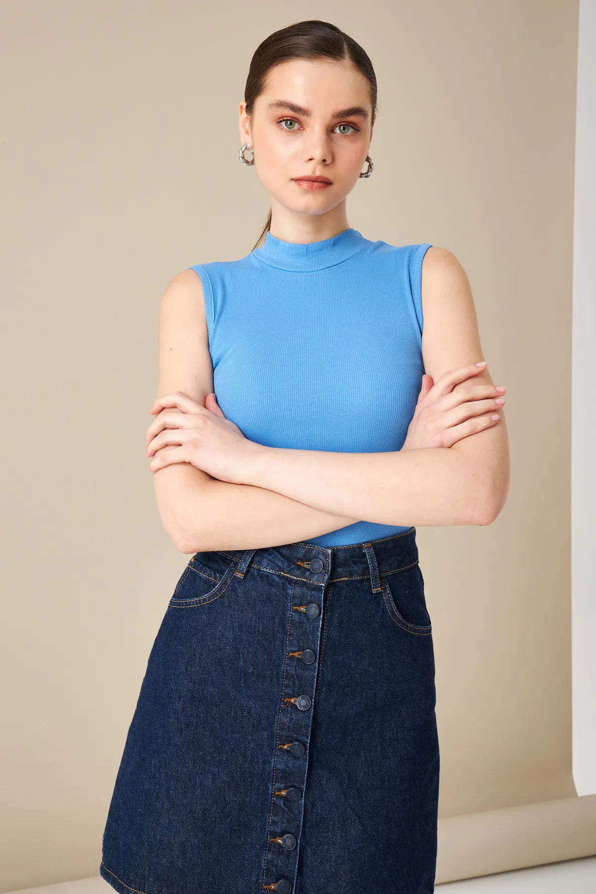 Kadın Mavi Fitilli Kaşkorse Bluz