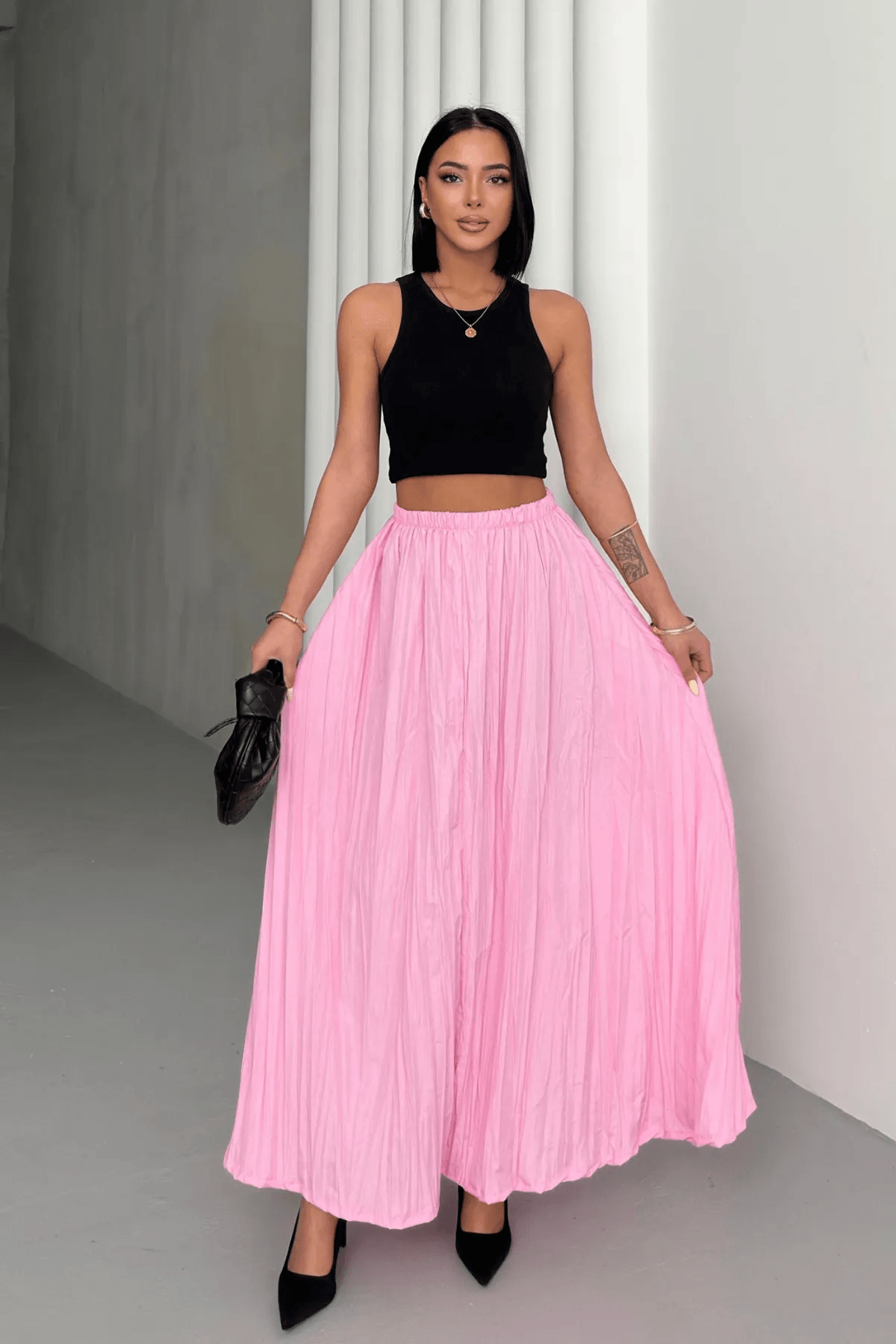 Pembe Crush Efektli Uzun Kloş Etek