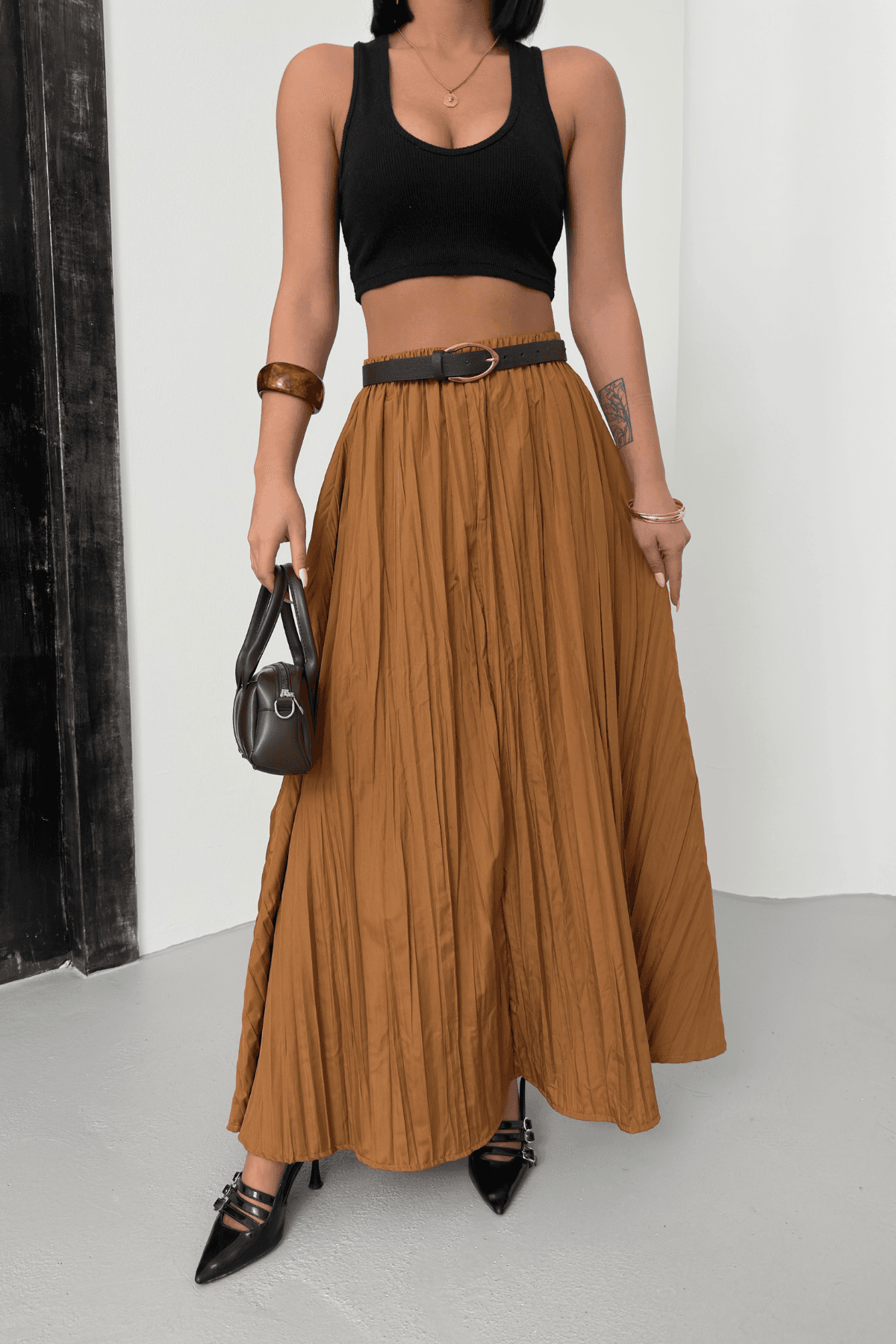 Kadın Camel Crush Efektli Uzun Kloş Etek