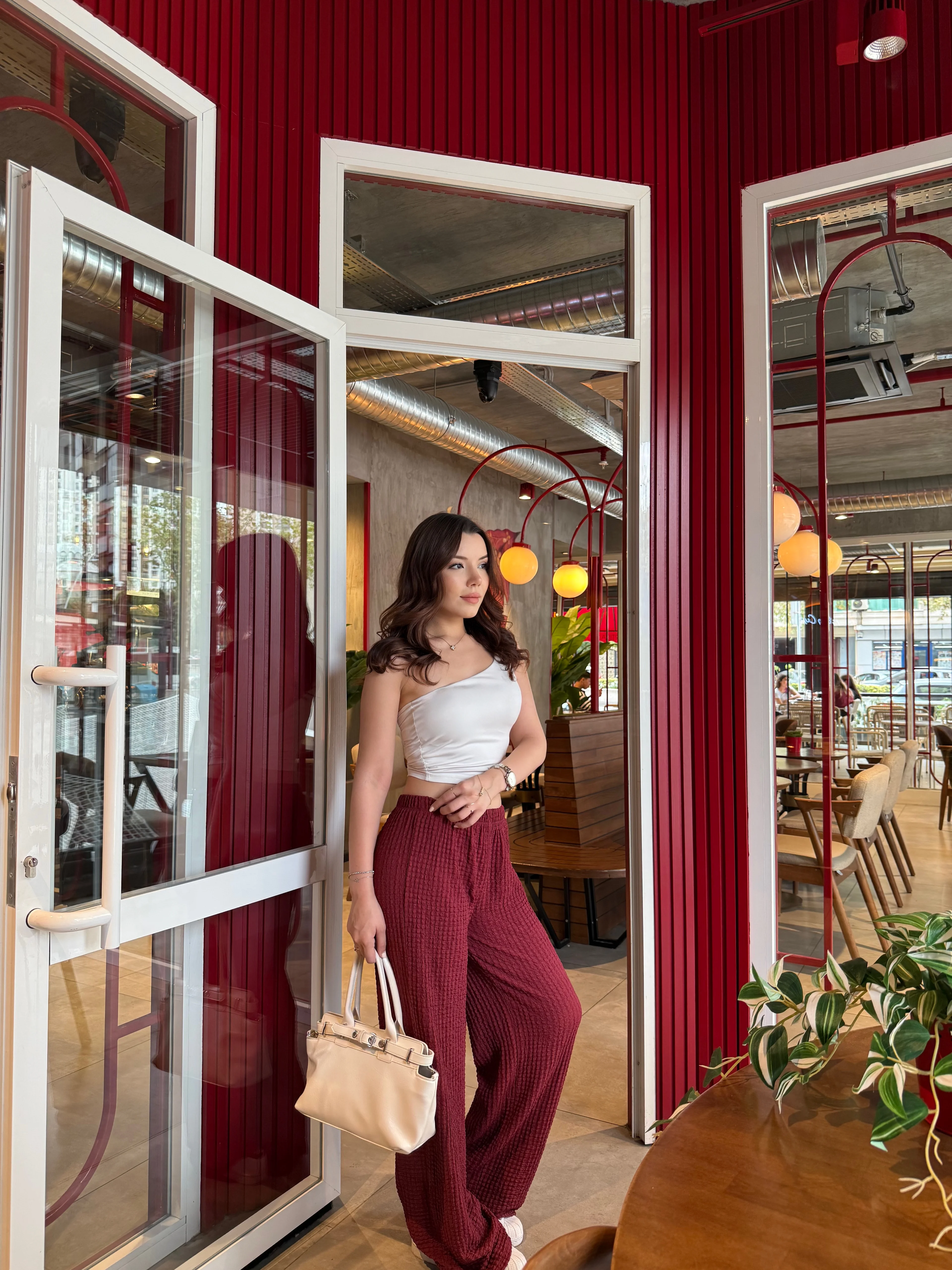 Bordo Yüksek Bel Likralı Bubble Pantolon