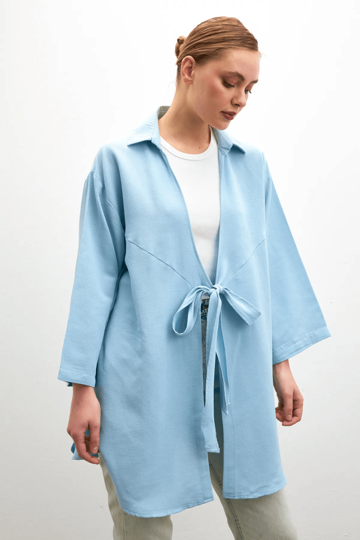 Açık Mavi Bağlama Detaylı Flam Keten Kimono