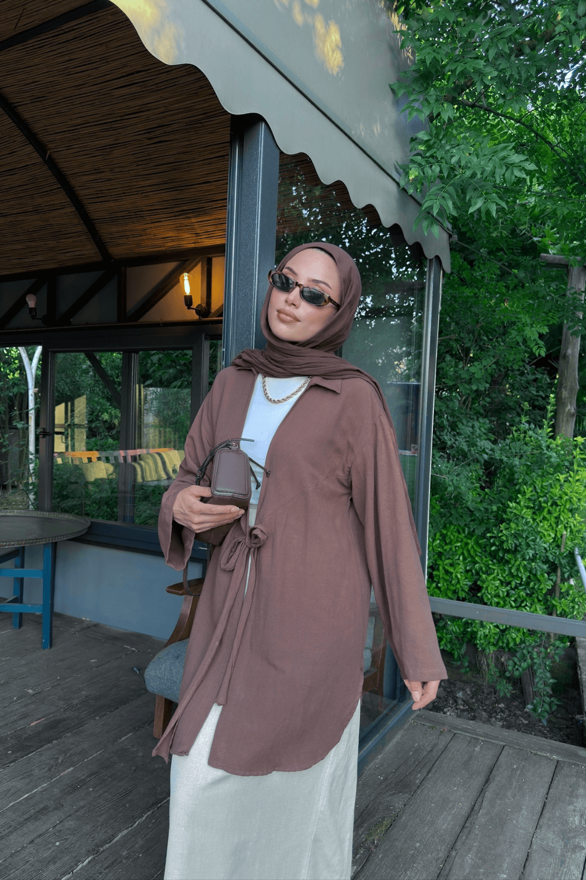 Acı Kahve Bağlama Detaylı Flam Keten Kimono