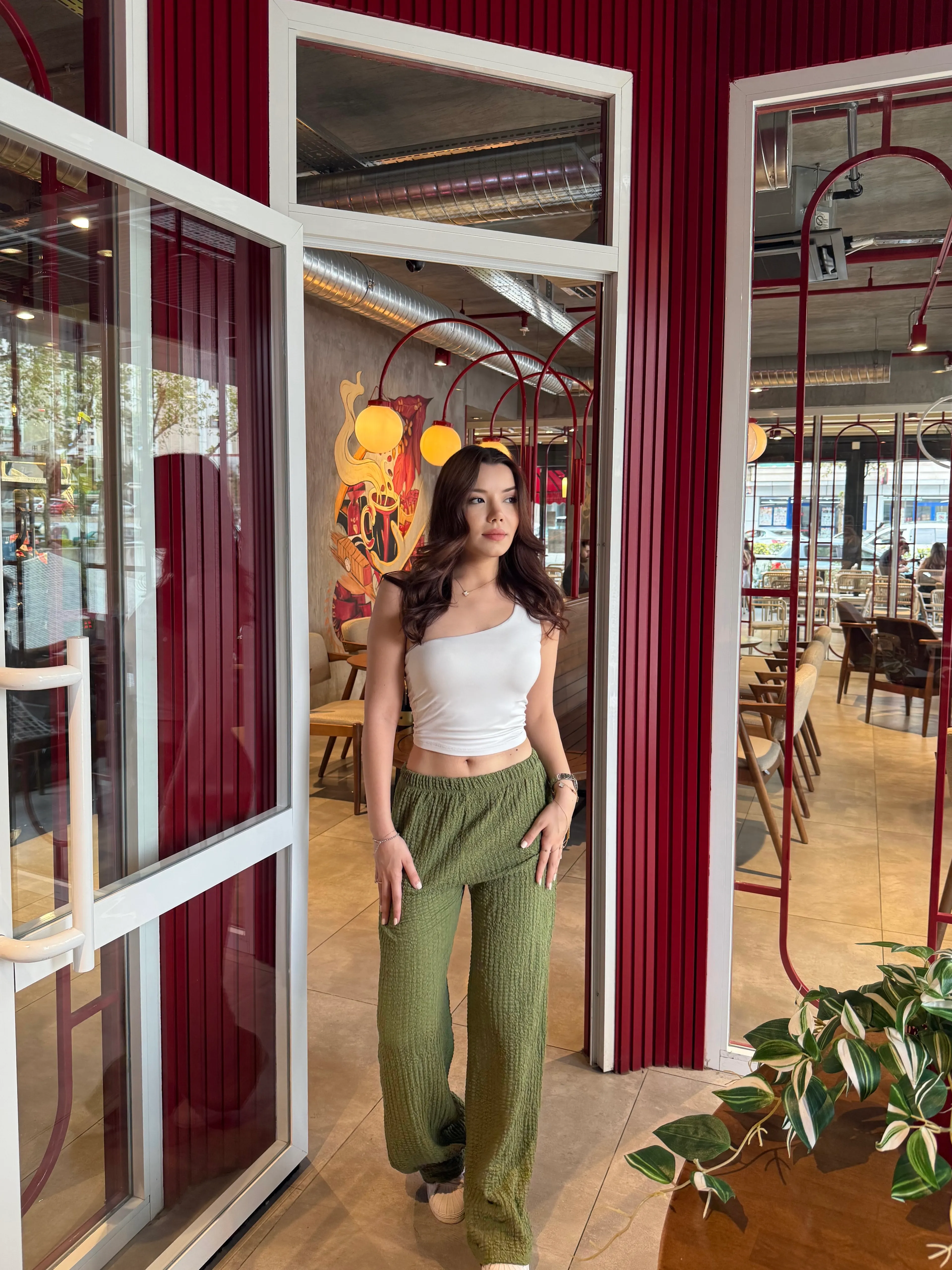 Zeytin Yeşili Yüksek Bel Likralı Bubble Pantolon