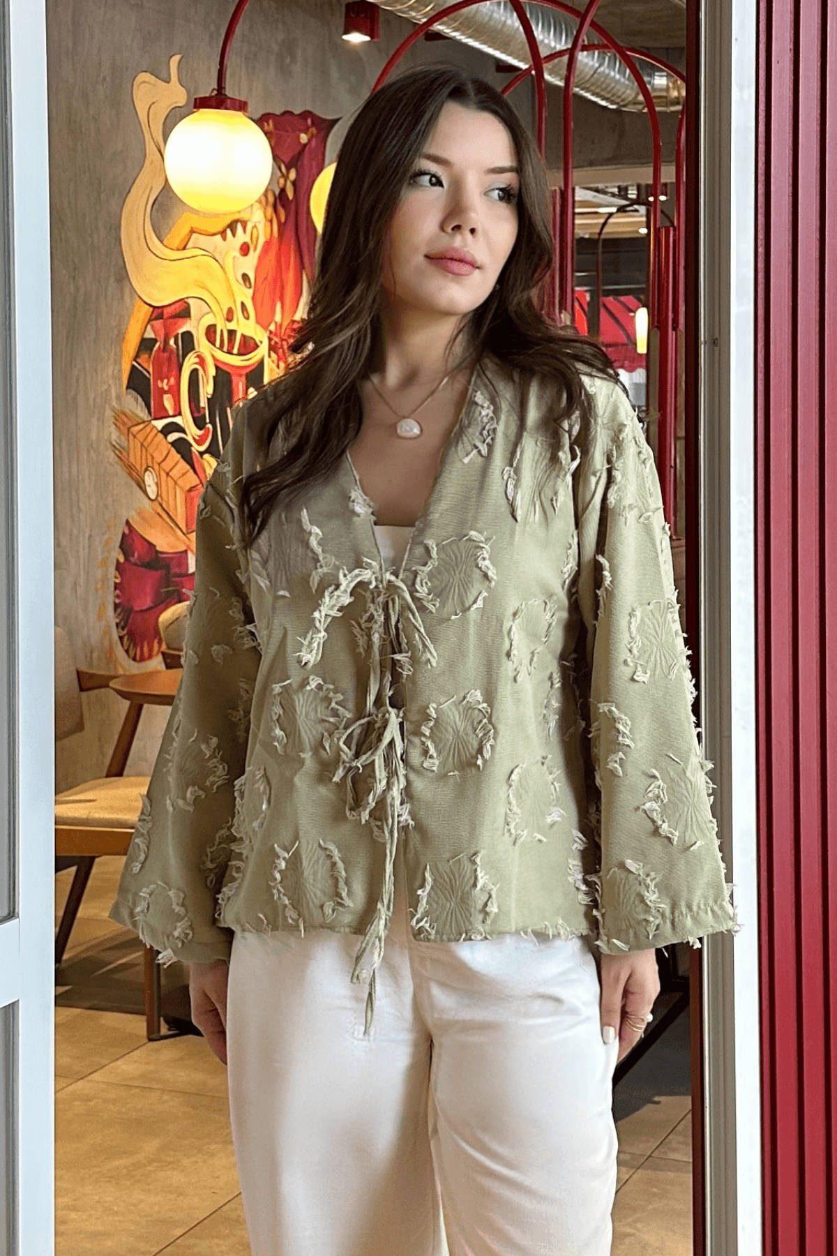 Püskül Detaylı Pastel Yeşil Kimono Gömlek